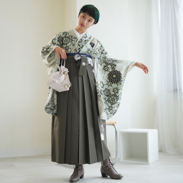 卒業式 袴セット 正絹 袴セットレディース 卒業式 袴 レンタル グレーグリーン色 送料無料 FAGH032 袴 レンタル 卒業式 2尺袖着物 袴セット 17点セット JAPAN STYLE×中