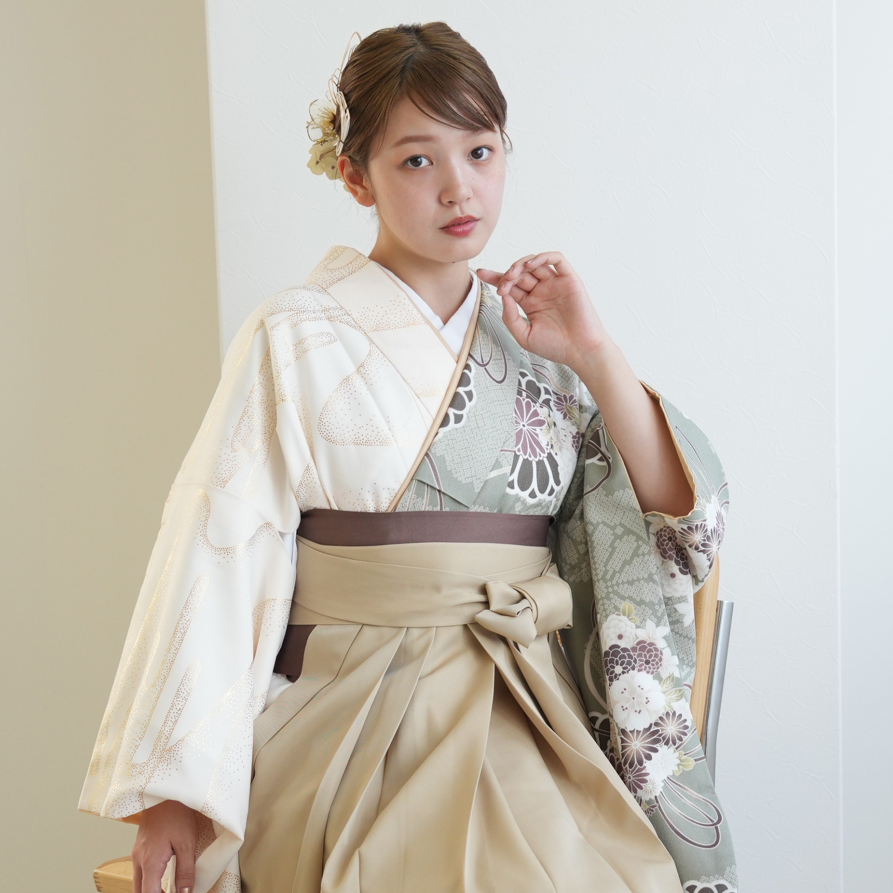 しつけ糸付新品【二尺袖着物単品】ひよこ商店洗える着物グリーン卒業式袴 袴 レンタル 卒業式 2尺袖着物 17点セット ひよこ商店 古典柄