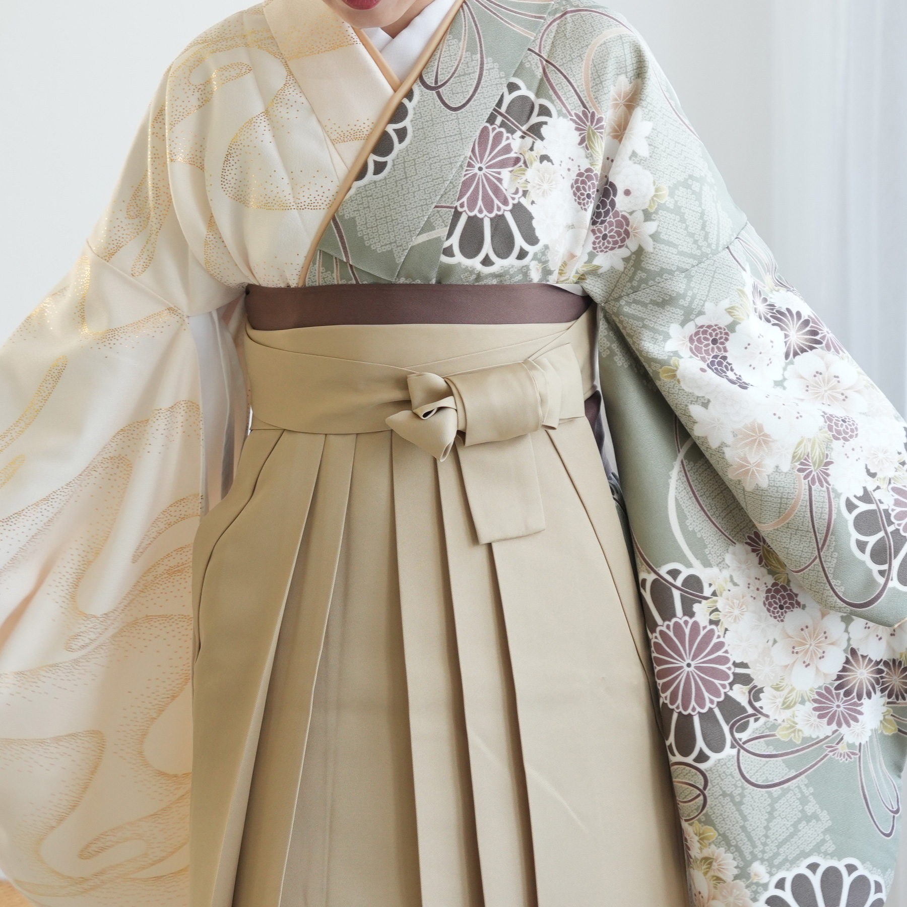 しつけ糸付新品【二尺袖着物単品】ひよこ商店洗える着物グリーン卒業式袴 utatane｜ひよこ商店/(W)ひよこ商店 2尺袖着物 袴 2点セット 袴