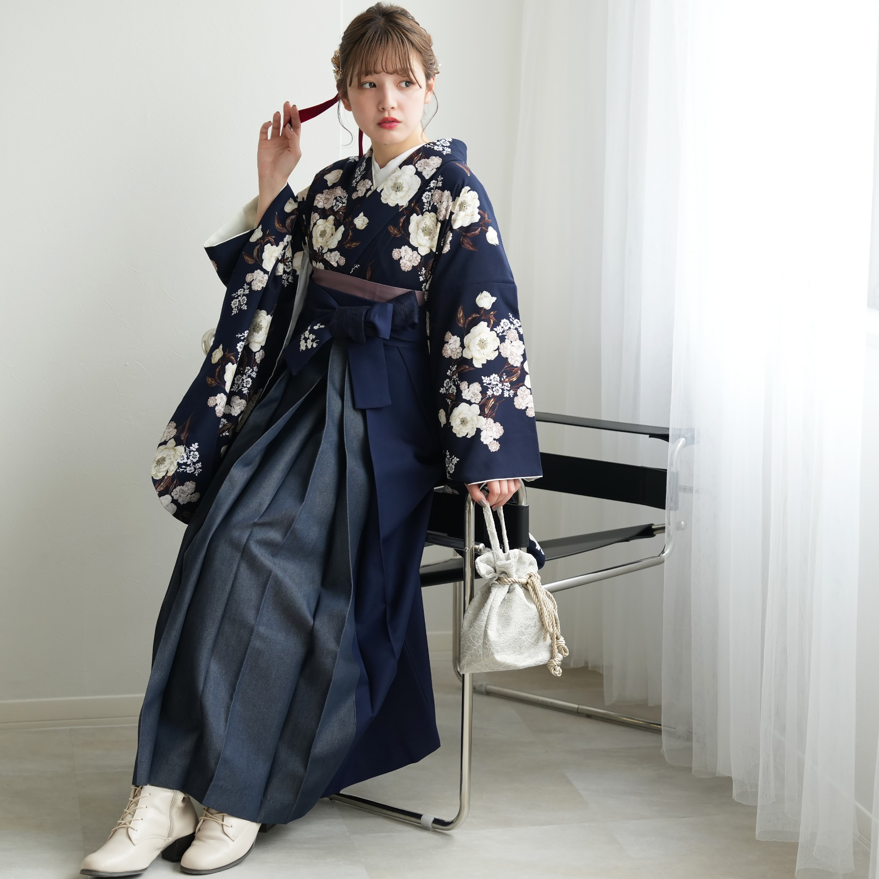 Heather 袴 レンタル 卒業式 17点セット 紺地に咲くピオニー