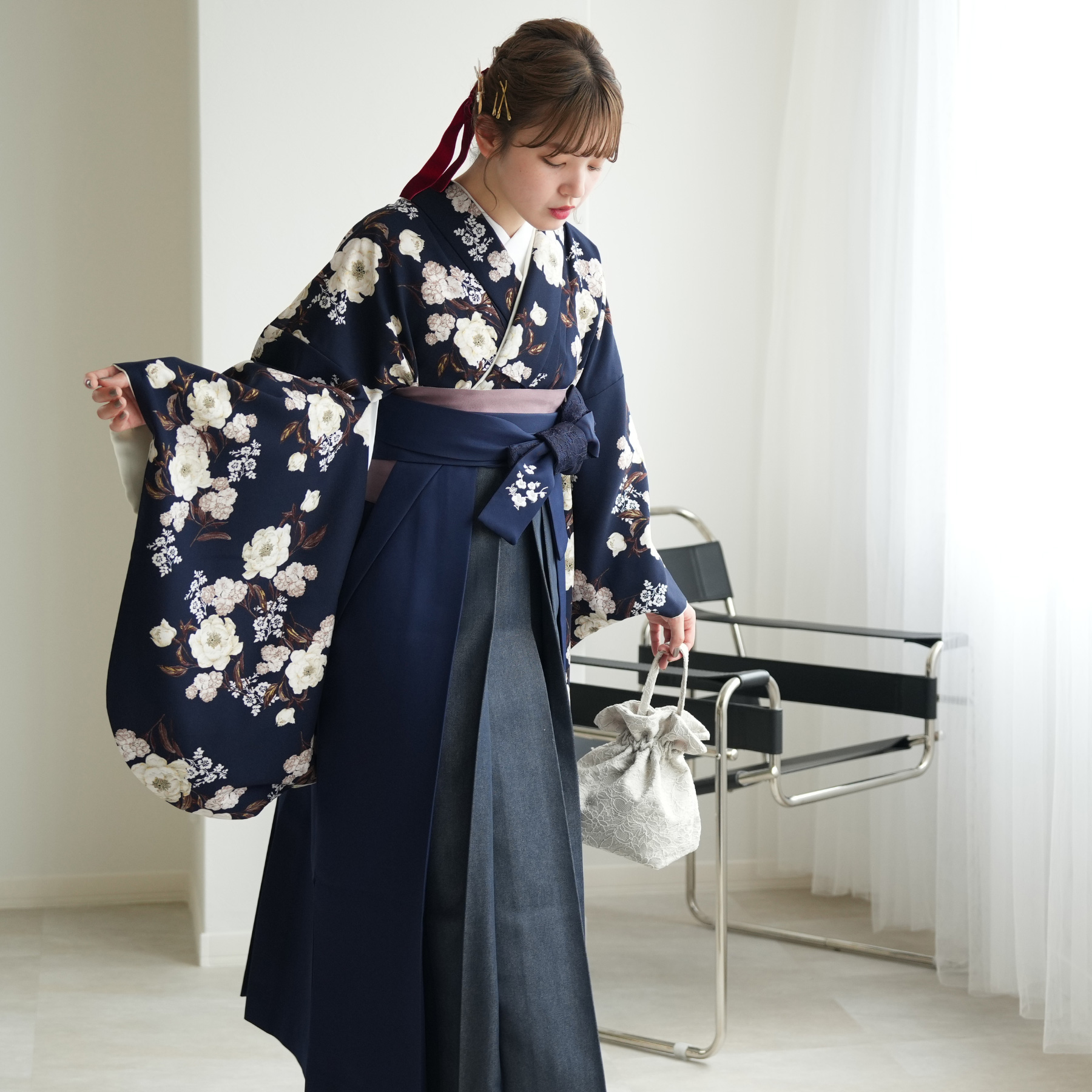 Heather 袴 レンタル 卒業式 17点セット 紺地に咲くピオニー