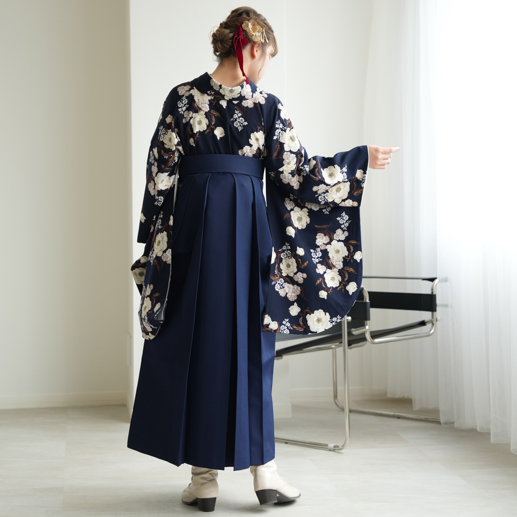 Heather 袴 レンタル 卒業式 17点セット 紺地に咲くピオニー