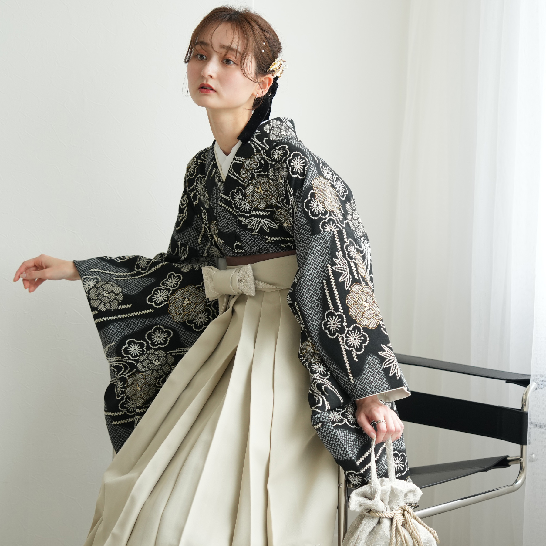 Heather（ヘザー） 袴 レンタル 卒業式 袴 17点セット ブラックに疋田