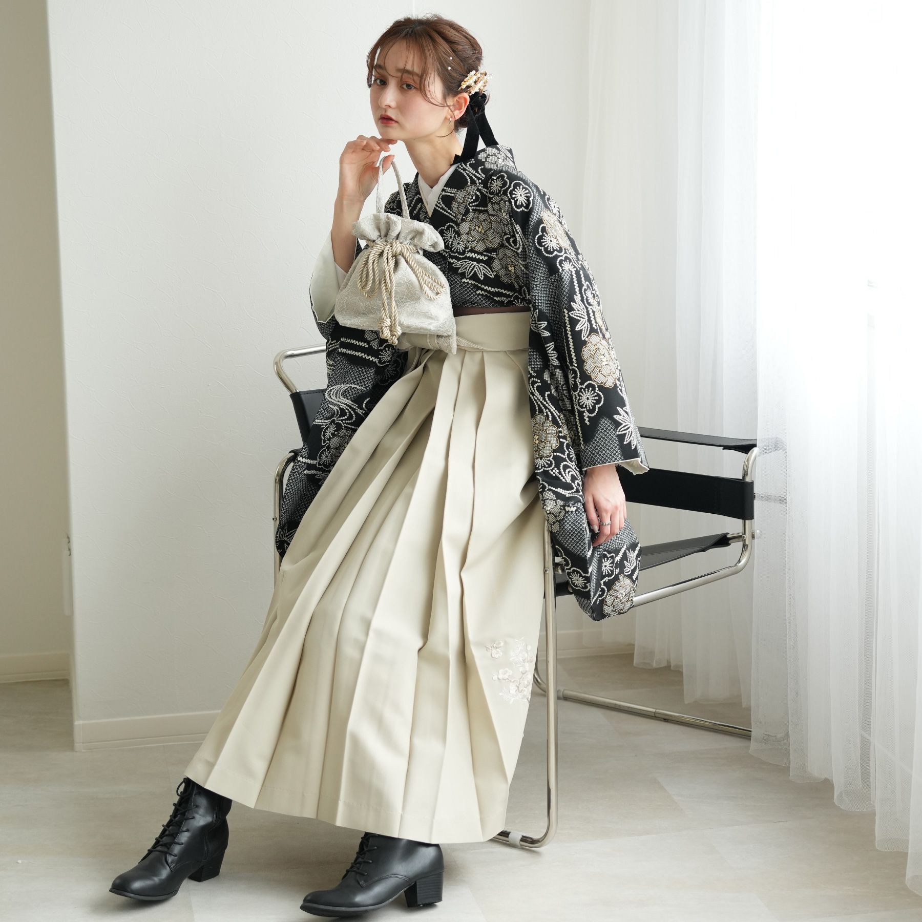 Heather（ヘザー） 袴 レンタル 卒業式 袴 17点セット ブラックに疋田 