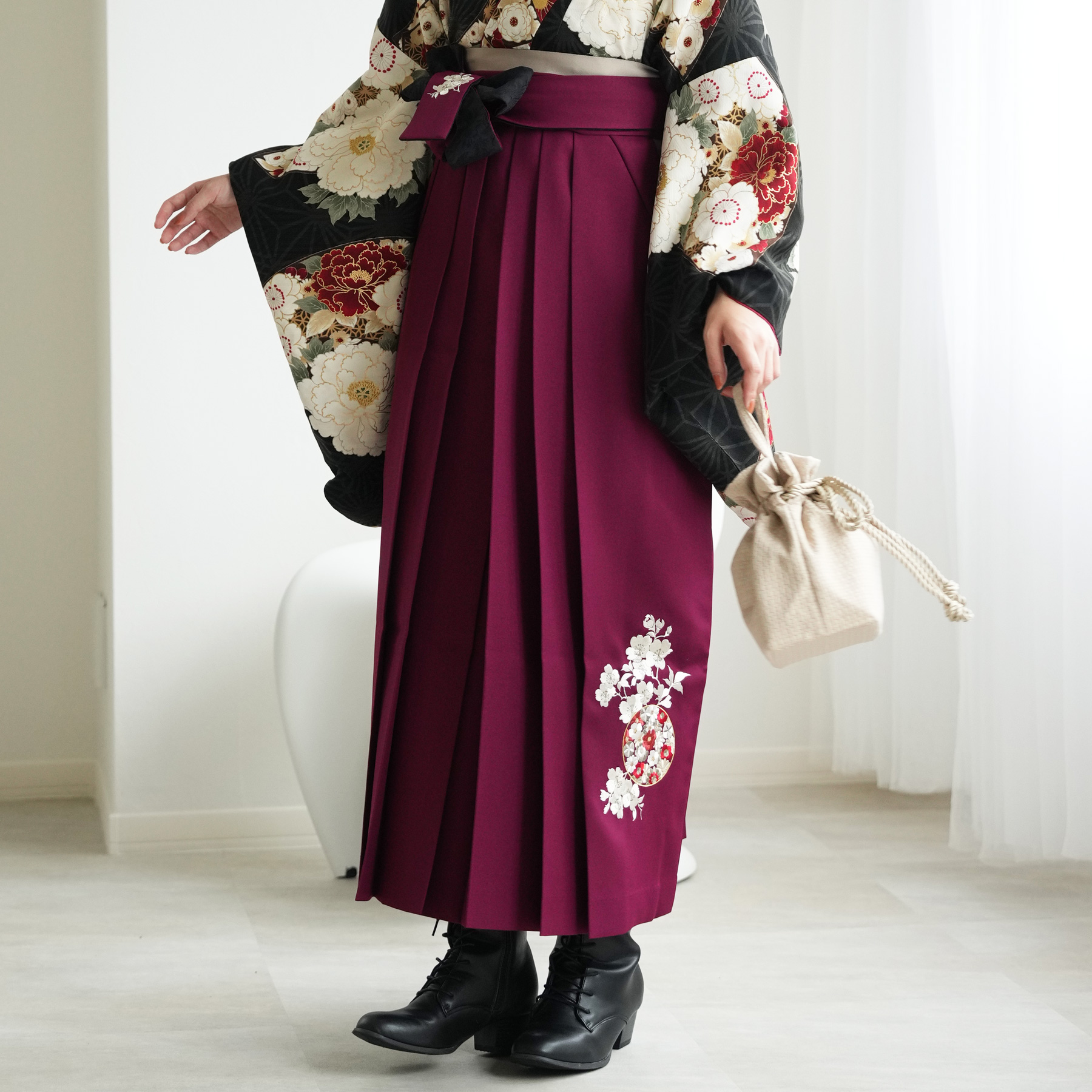 袴 レンタル 卒業式 九重 17点セット 牡丹と華扇・黒 日本製 二尺袖