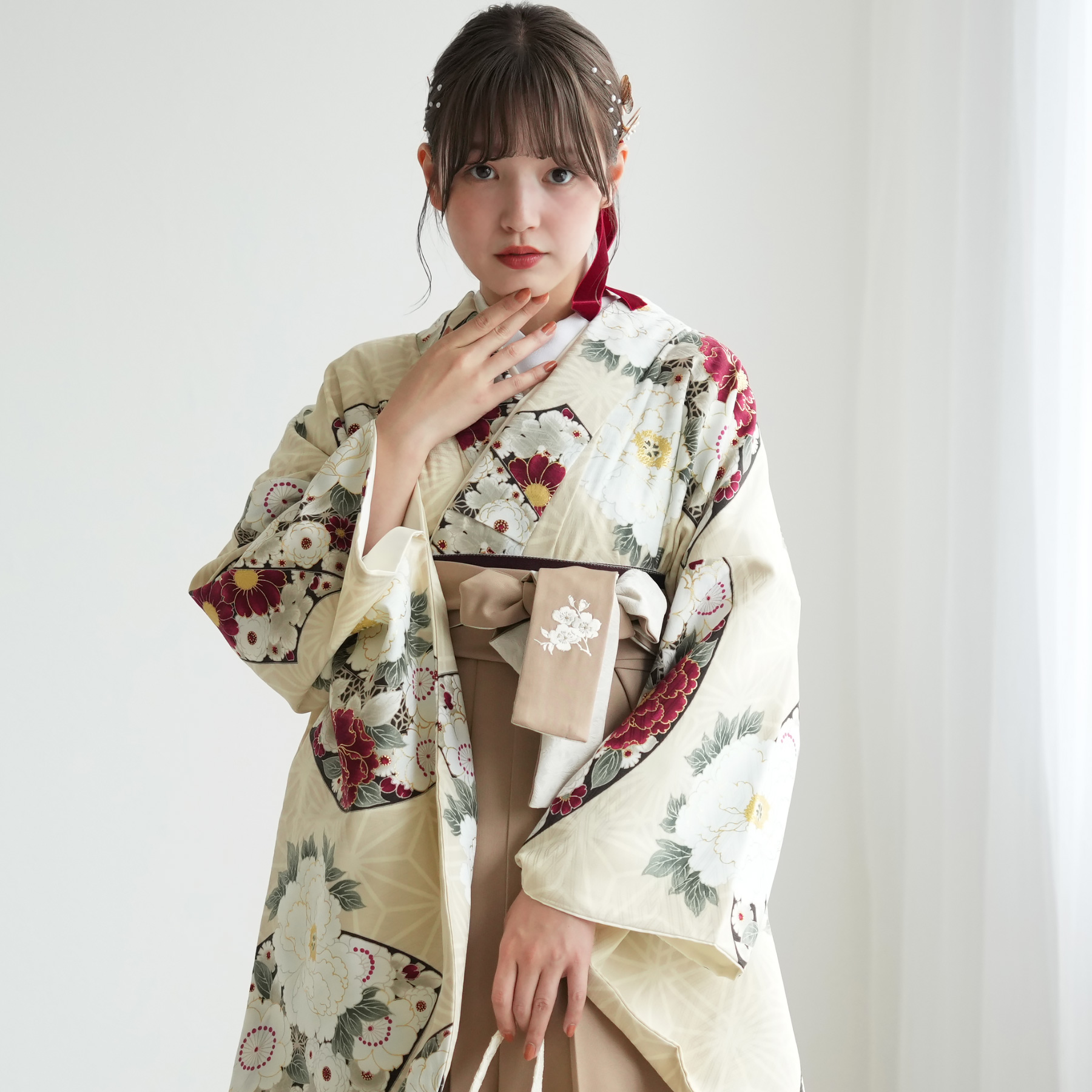 袴 レンタル 卒業式 九重 17点セット 牡丹と華扇・クリーム 日本製 二