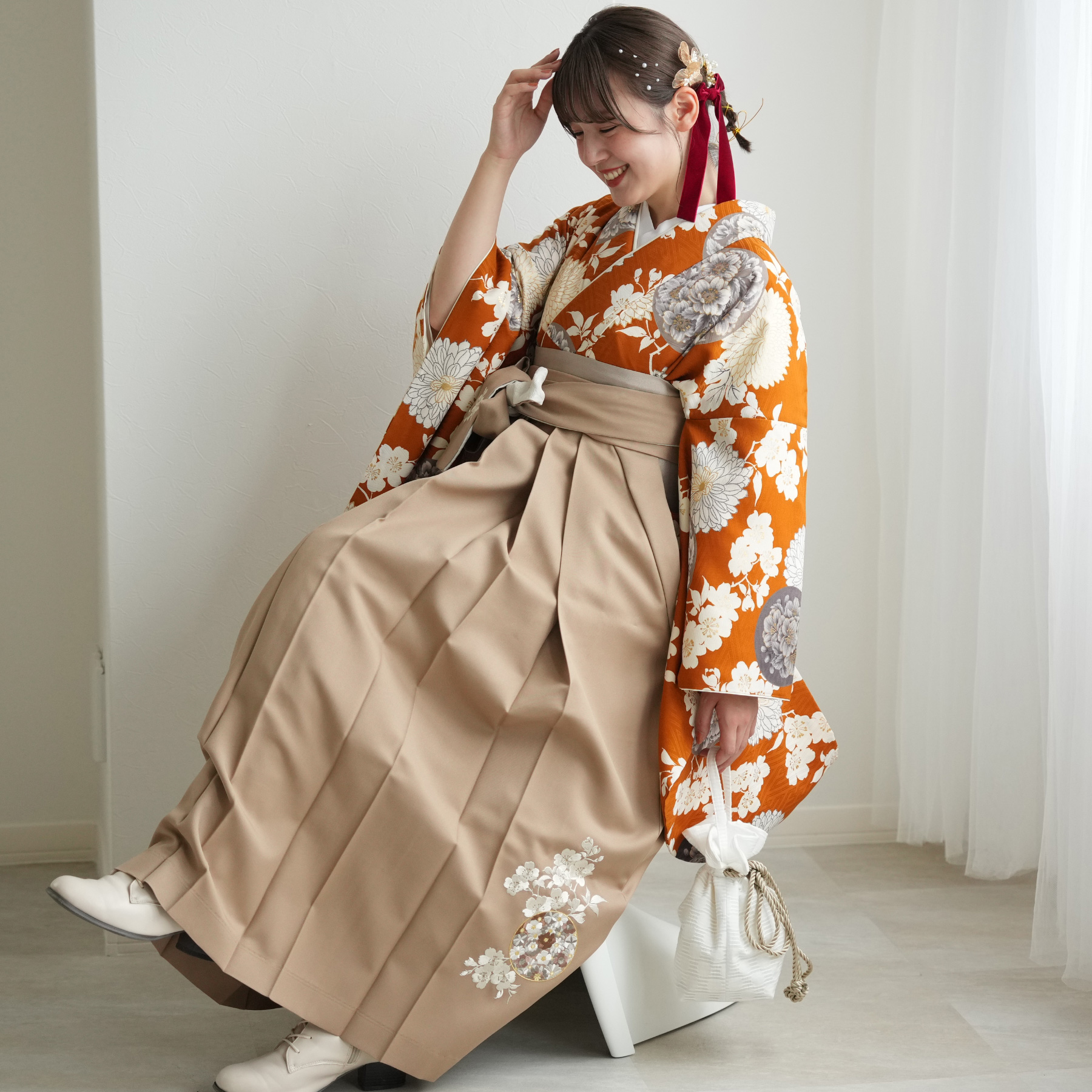 袴 レンタル 卒業式 九重 17点セット 菊と桜紋・キャメル 日本製 二尺