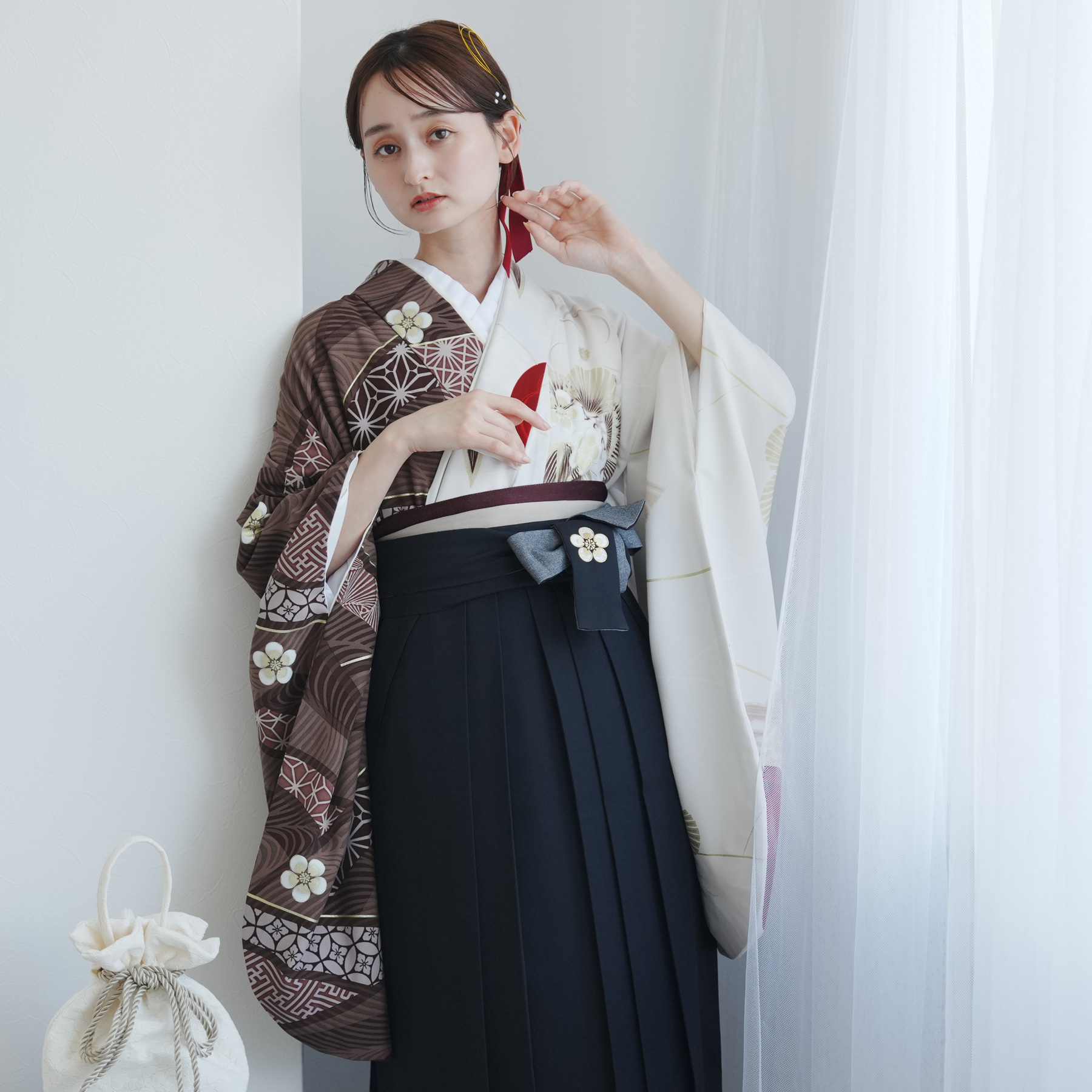 袴 レンタル 卒業式 JAPAN STYLE×中村里砂 17点セット ブラウンと白の 