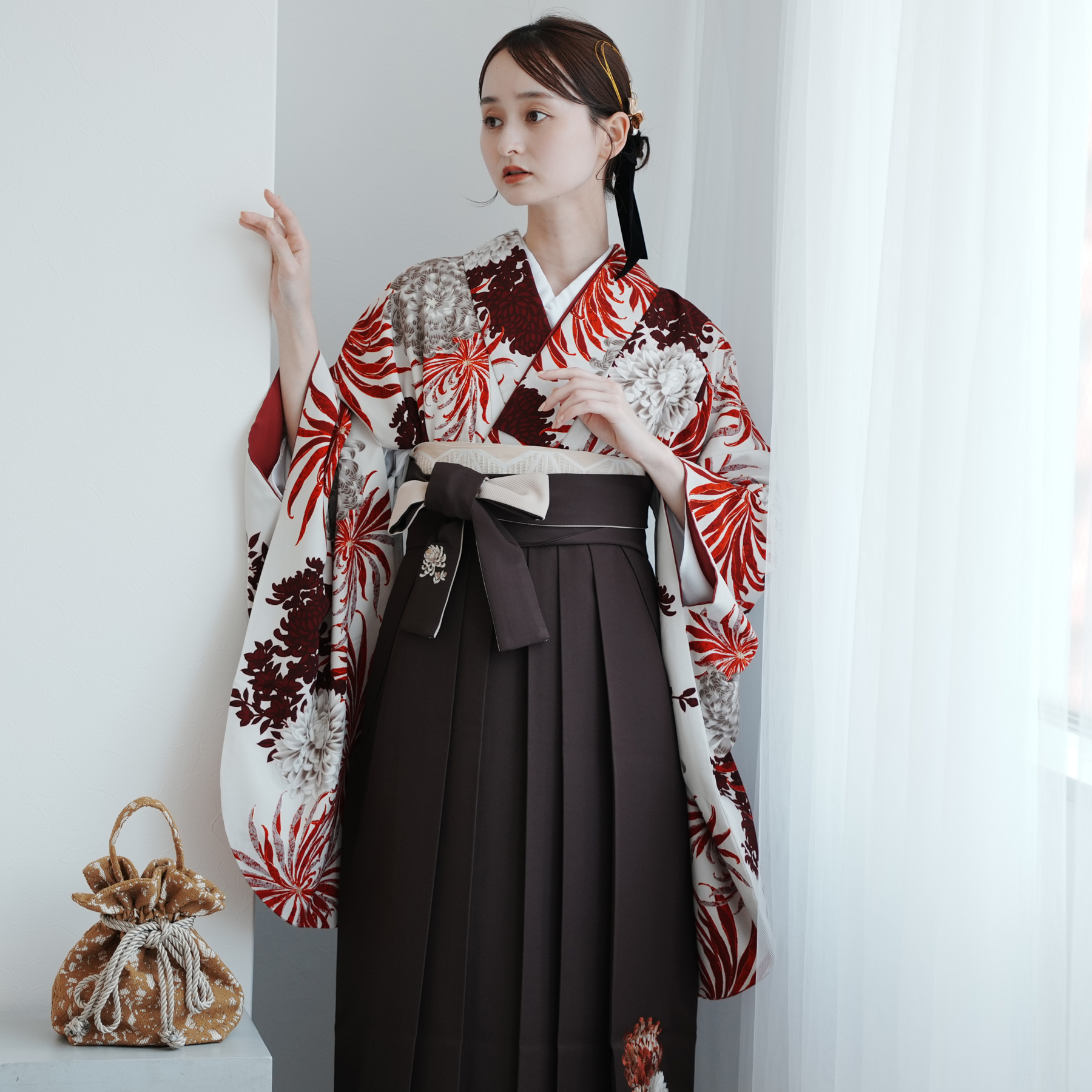 二尺袖 着物 袴フルセット 紅一点 日本製 着物丈はショート丈 NO38576 二尺袖 着物 袴フルセット 紅一点 日本製 着物丈はショート丈 卒業式