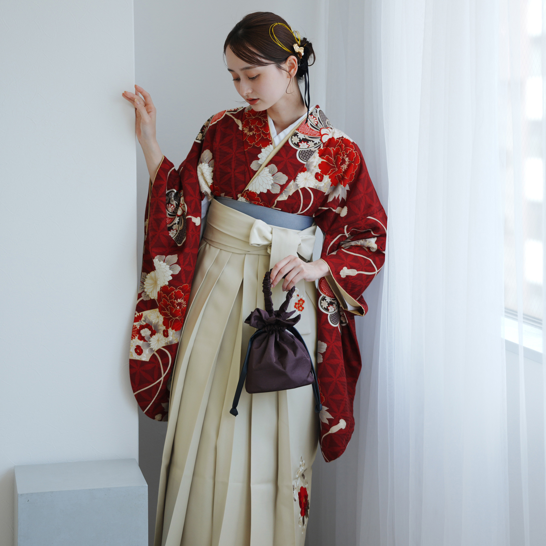 【専用】ハンドメイド　キッズ袴　100サイズ 120サイズ　菊牡丹 袴 レンタル 卒業式 九重 17点セット 扇面に牡丹・赤 日本製 二尺袖
