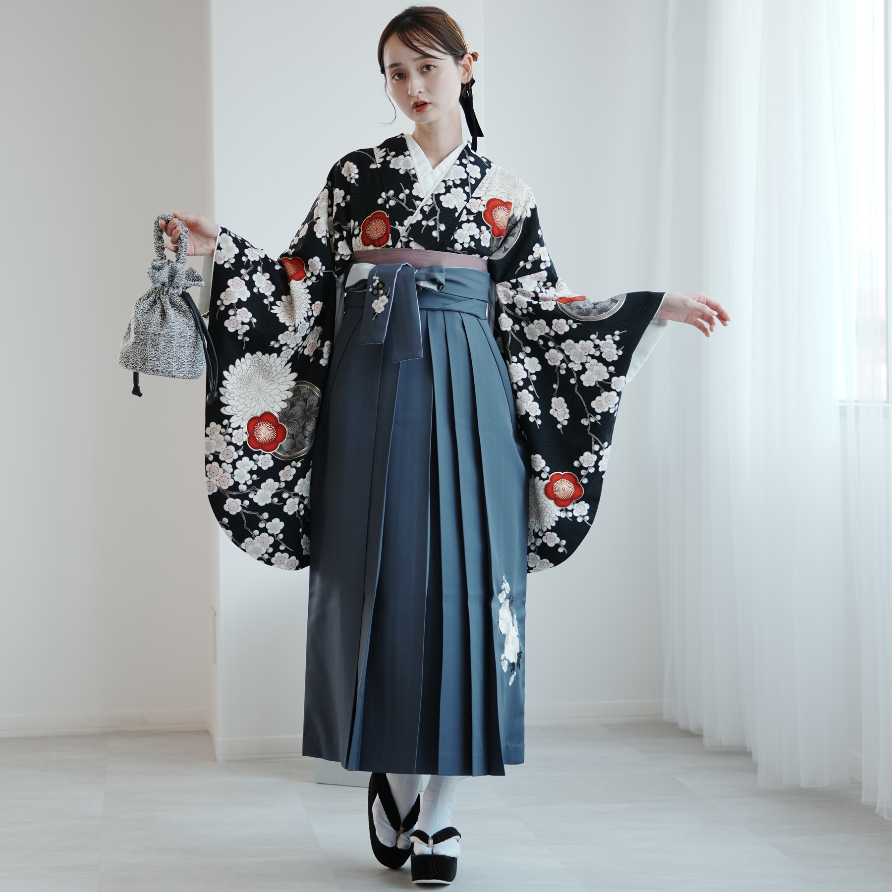 袴 レンタル 卒業式 九重 17点セット 梅に菊・黒 日本製 二尺袖着物