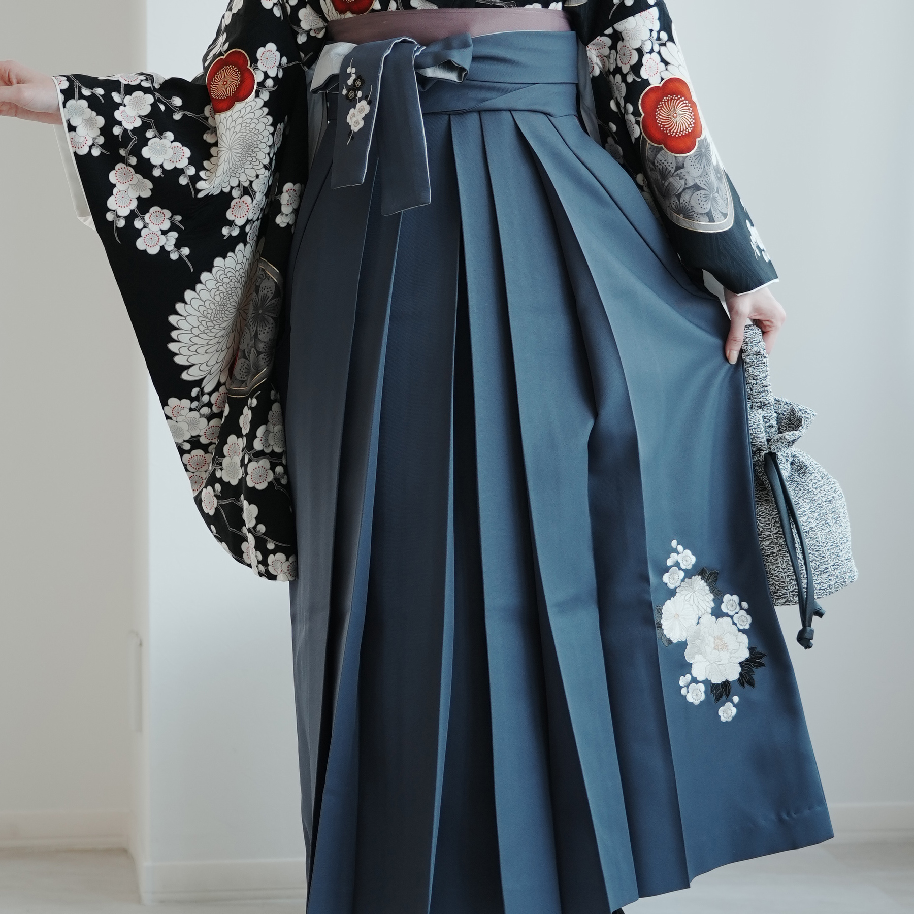 袴 レンタル 卒業式 九重 17点セット 梅に菊・黒 日本製 二尺袖着物 