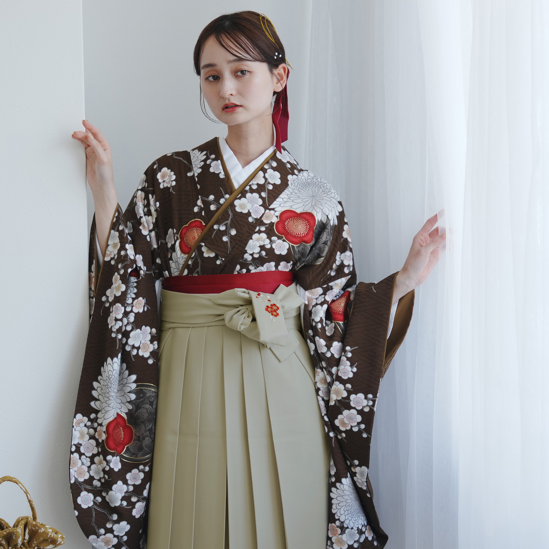 袴 レンタル 卒業式 九重 17点セット 梅に菊・ブラウン 日本製 二尺袖