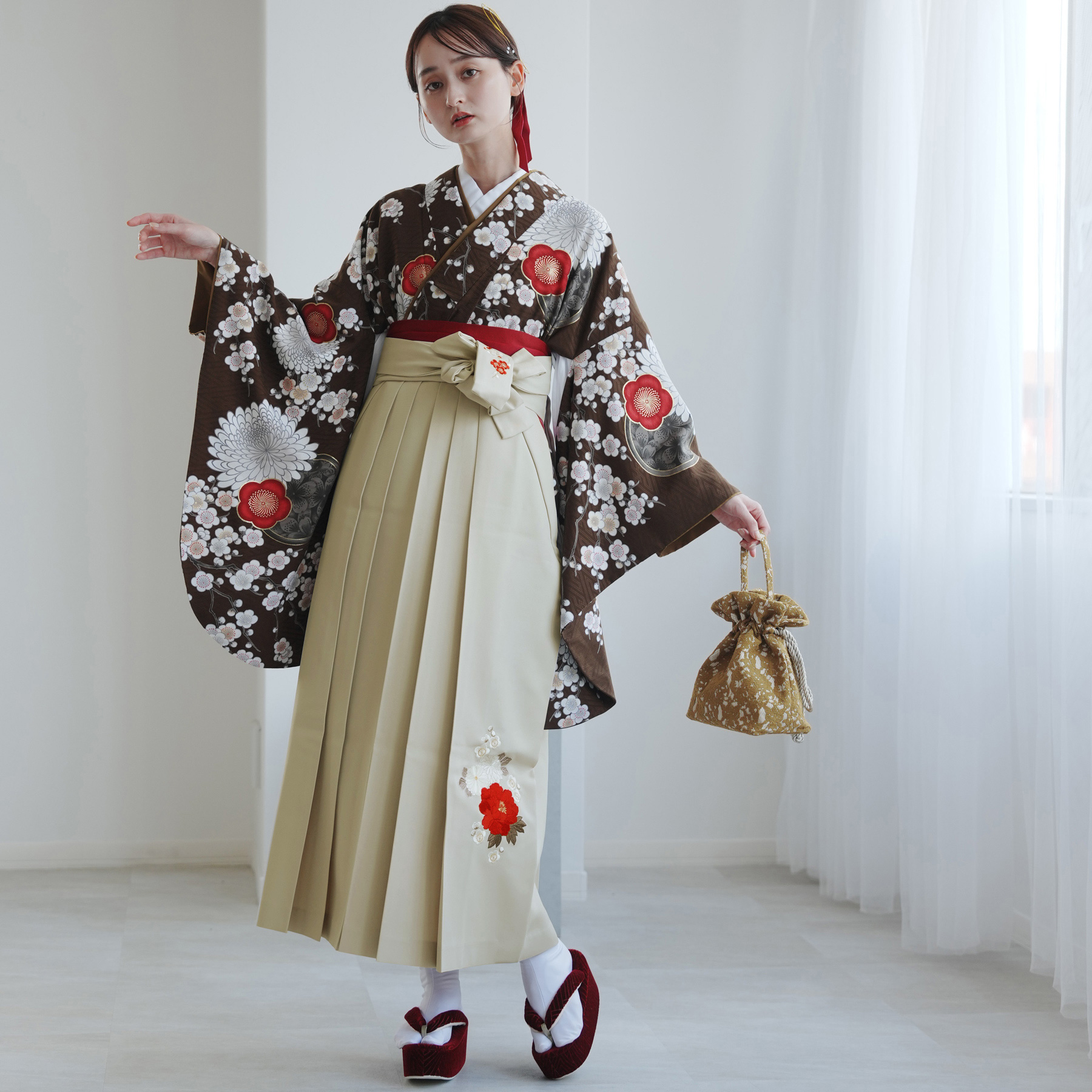袴 レンタル 卒業式 九重 17点セット 梅に菊・ブラウン 日本製 二尺袖 