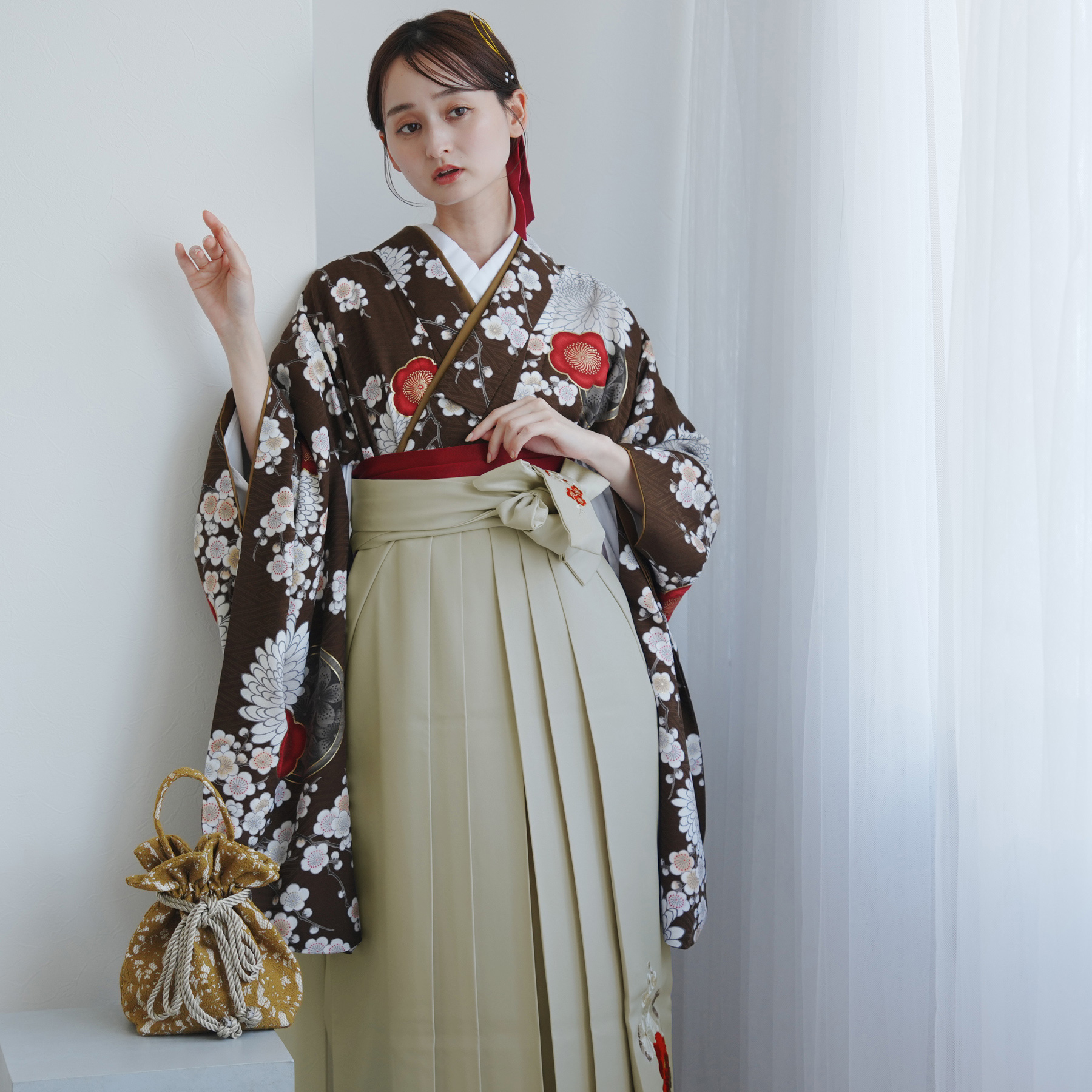 袴 レンタル 卒業式 九重 17点セット 梅に菊・ブラウン 日本製 二尺袖