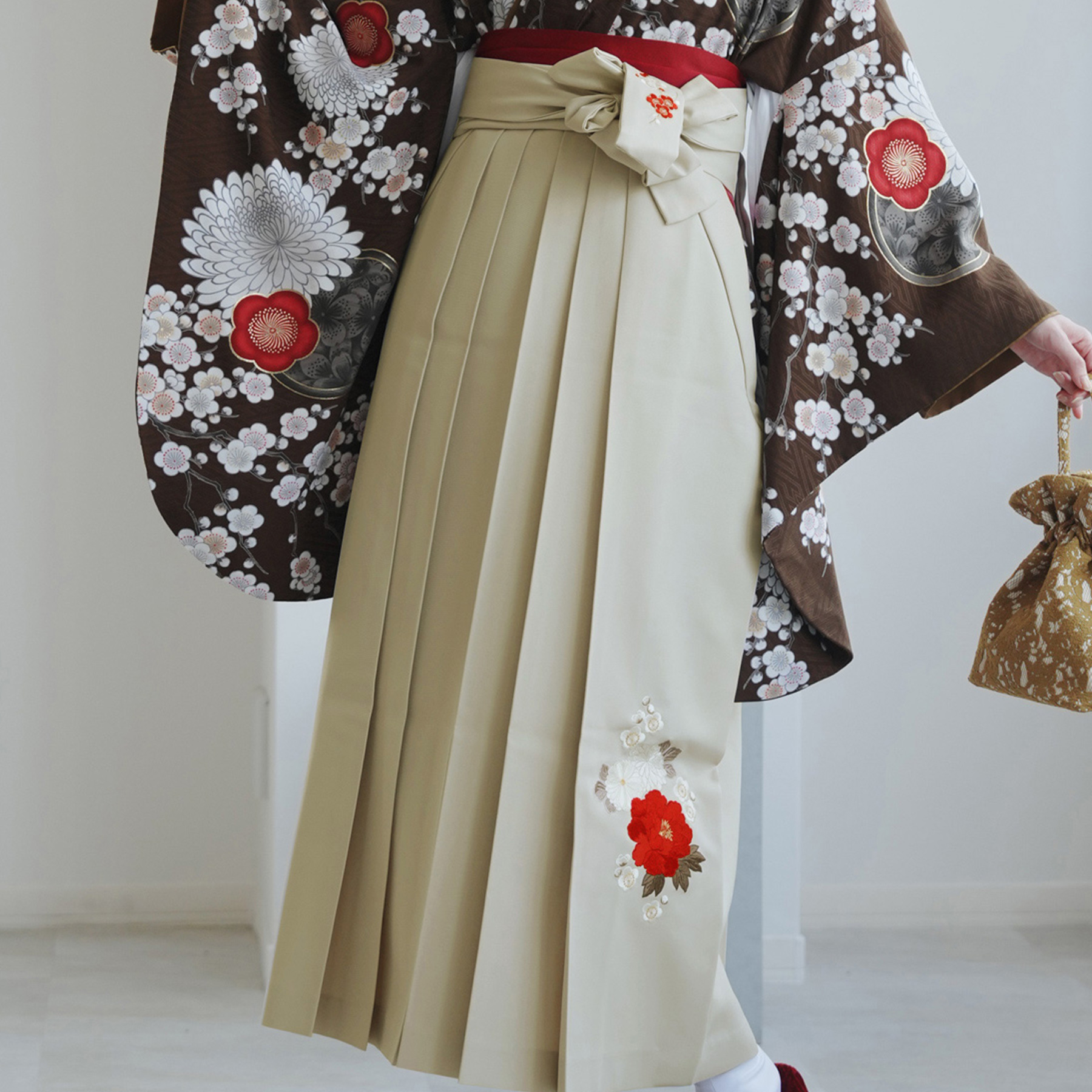 袴 レンタル 卒業式 九重 17点セット 梅に菊・ブラウン 日本製 二尺袖