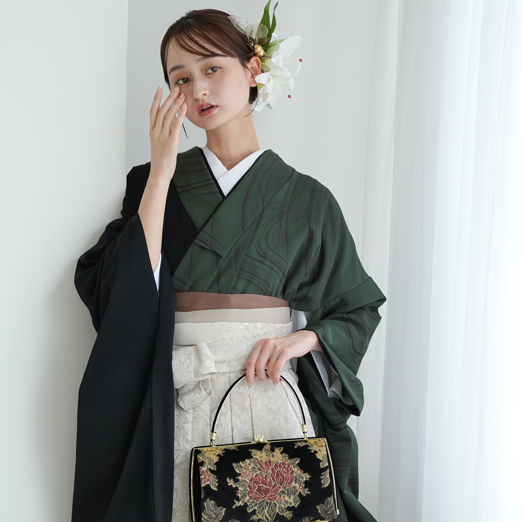 袴 レンタル 卒業式 utatane 17点セット 半身 流水グリーン×ブラック