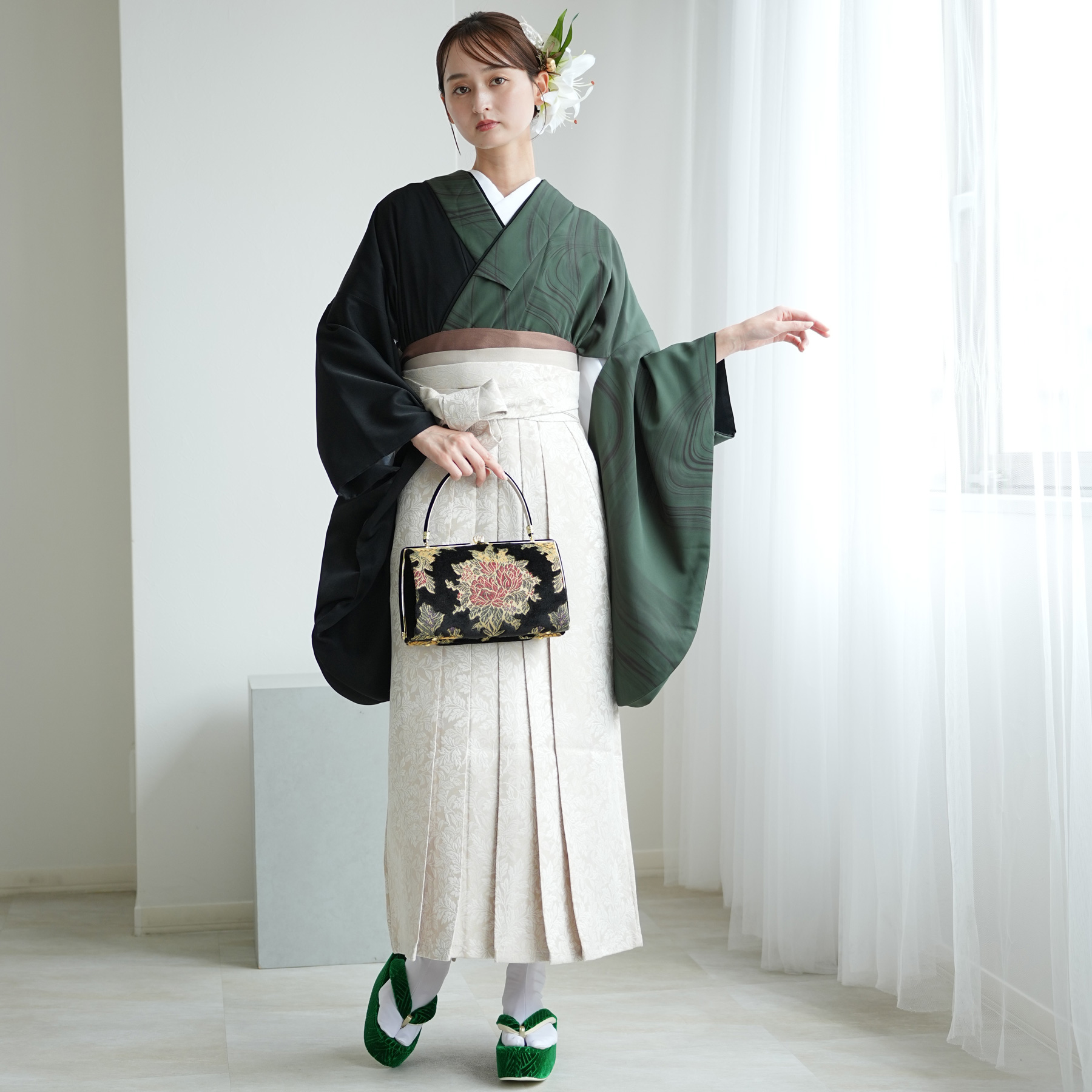 袴 レンタル 卒業式 utatane 17点セット 半身 流水グリーン×ブラック