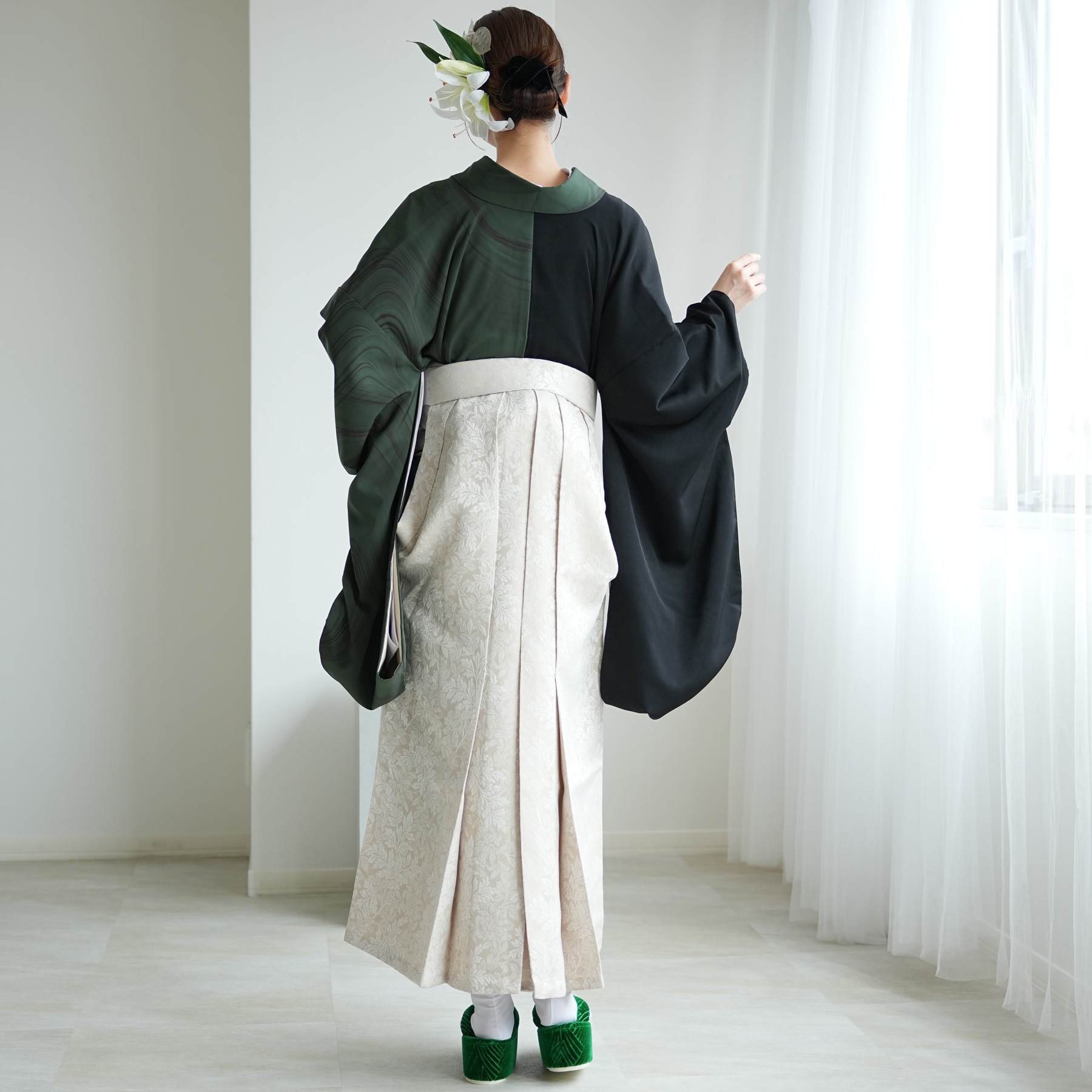 袴 レンタル 卒業式 utatane 17点セット 半身 流水グリーン×ブラック
