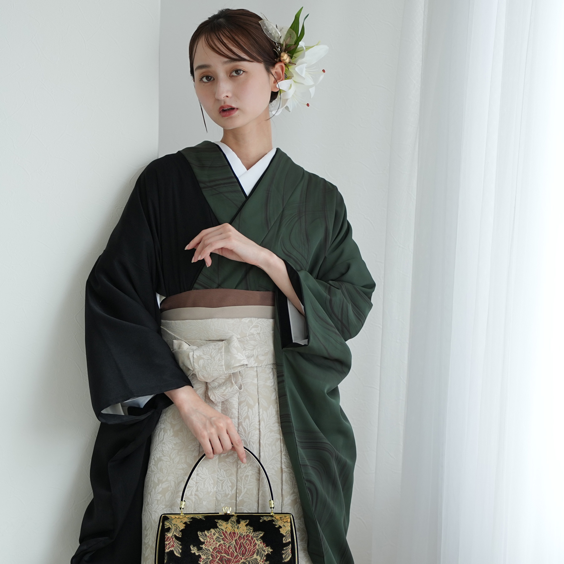 袴 レンタル 卒業式 utatane 17点セット 半身 流水グリーン×ブラック