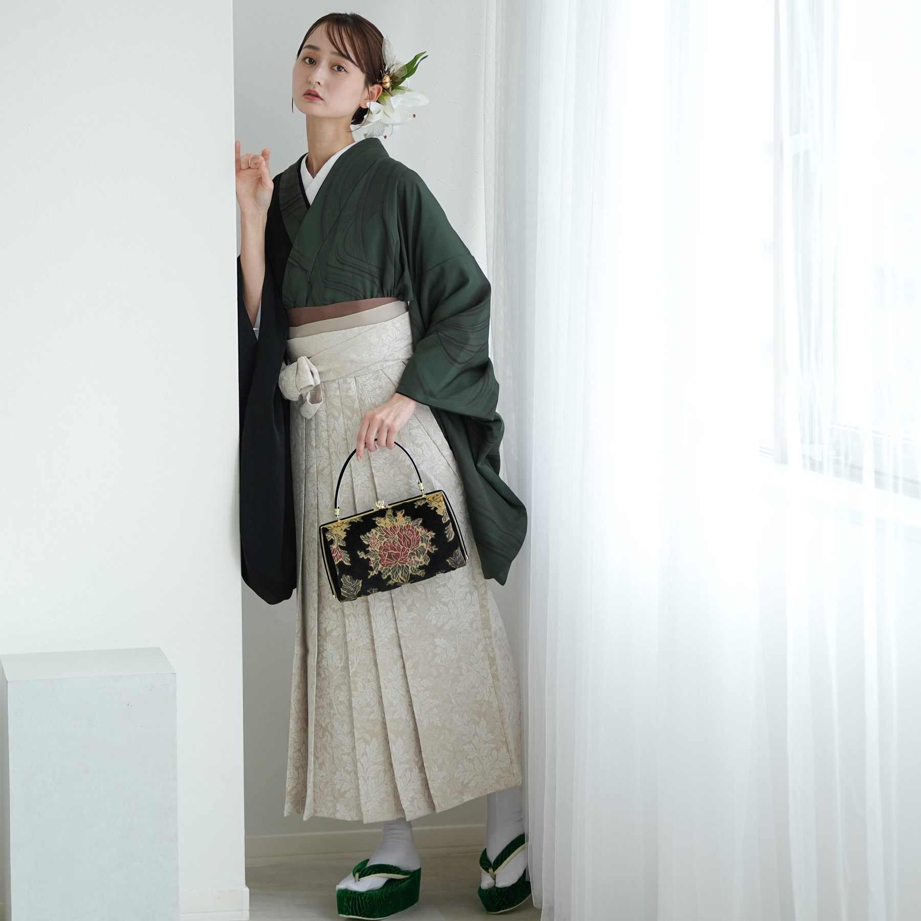 袴 レンタル 卒業式 utatane 17点セット 半身 流水グリーン×ブラック
