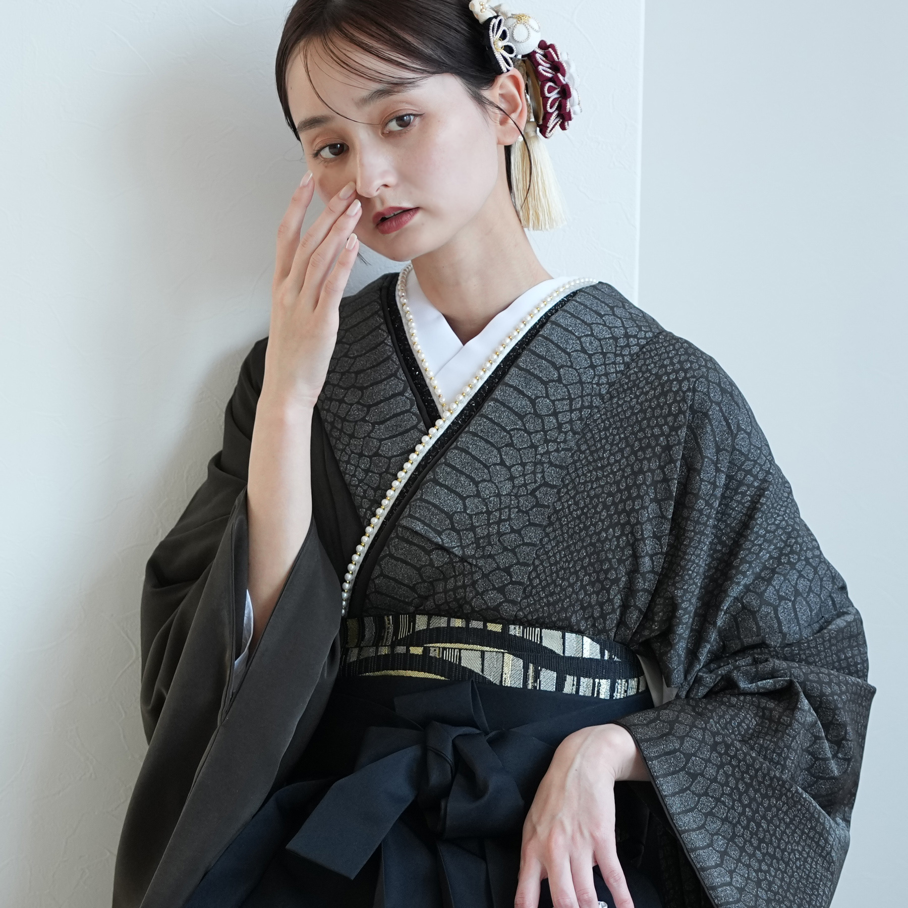 袴 レンタル 卒業式 utatane 17点セット 半身 月霞パイソン 黒曜色 二