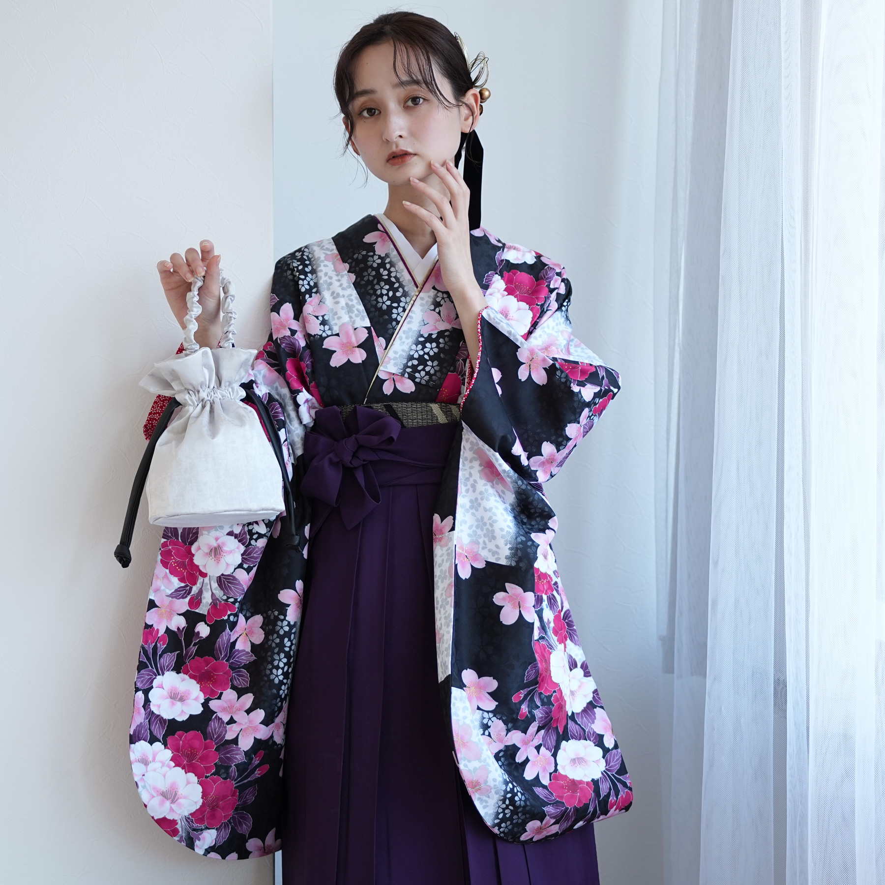 卒業式　新品 レトロ モダン 二尺袖着物と袴❷点セット 袴 レンタル 卒業式 2尺袖着物 17点セット JAPAN STYLE レトロ モダン