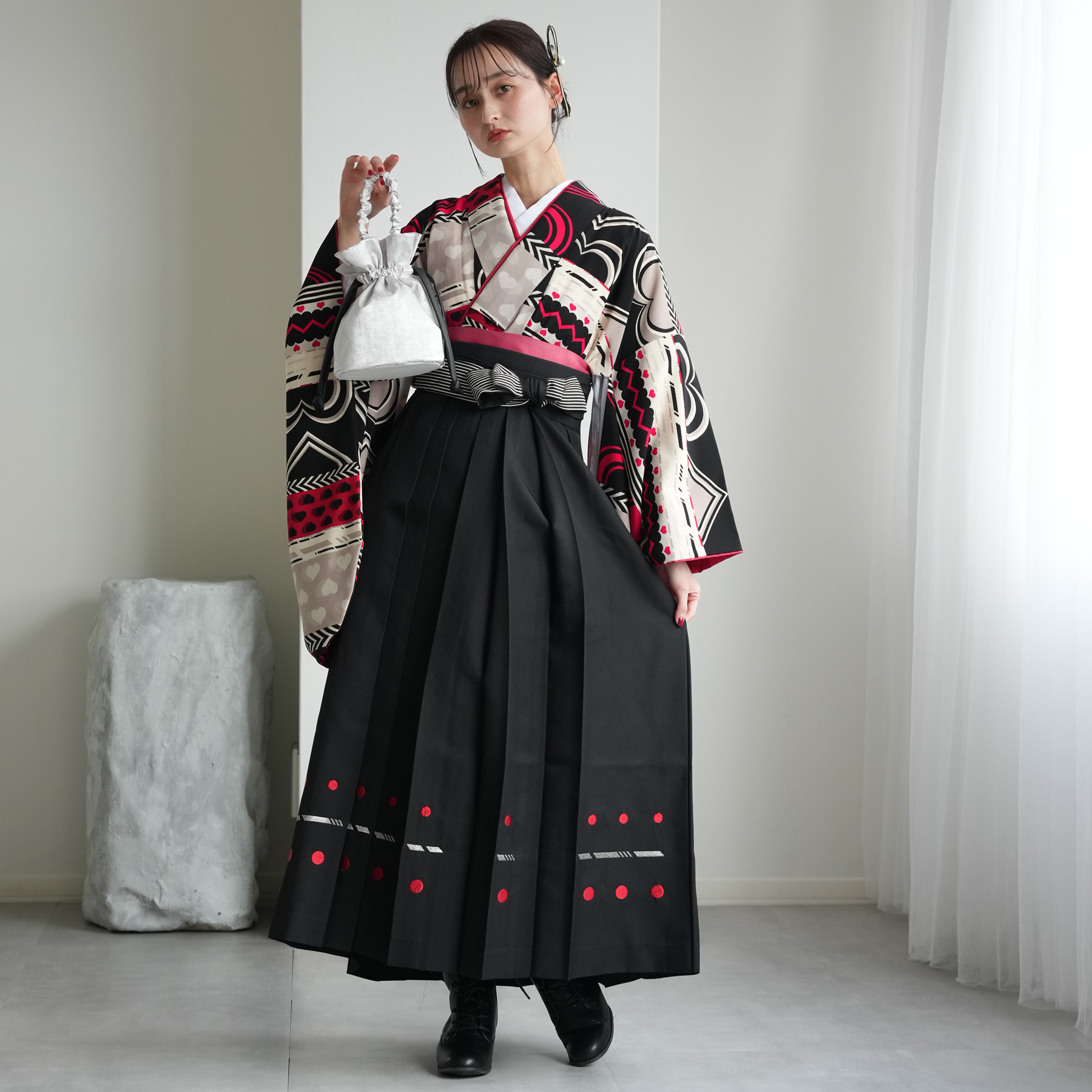 二尺袖 着物 袴フルセット モダンアンテナ 日本製 ショート丈 NO38577 袴 レンタル 卒業式 2尺袖着物 17点セット モダンアンテナ レトロ