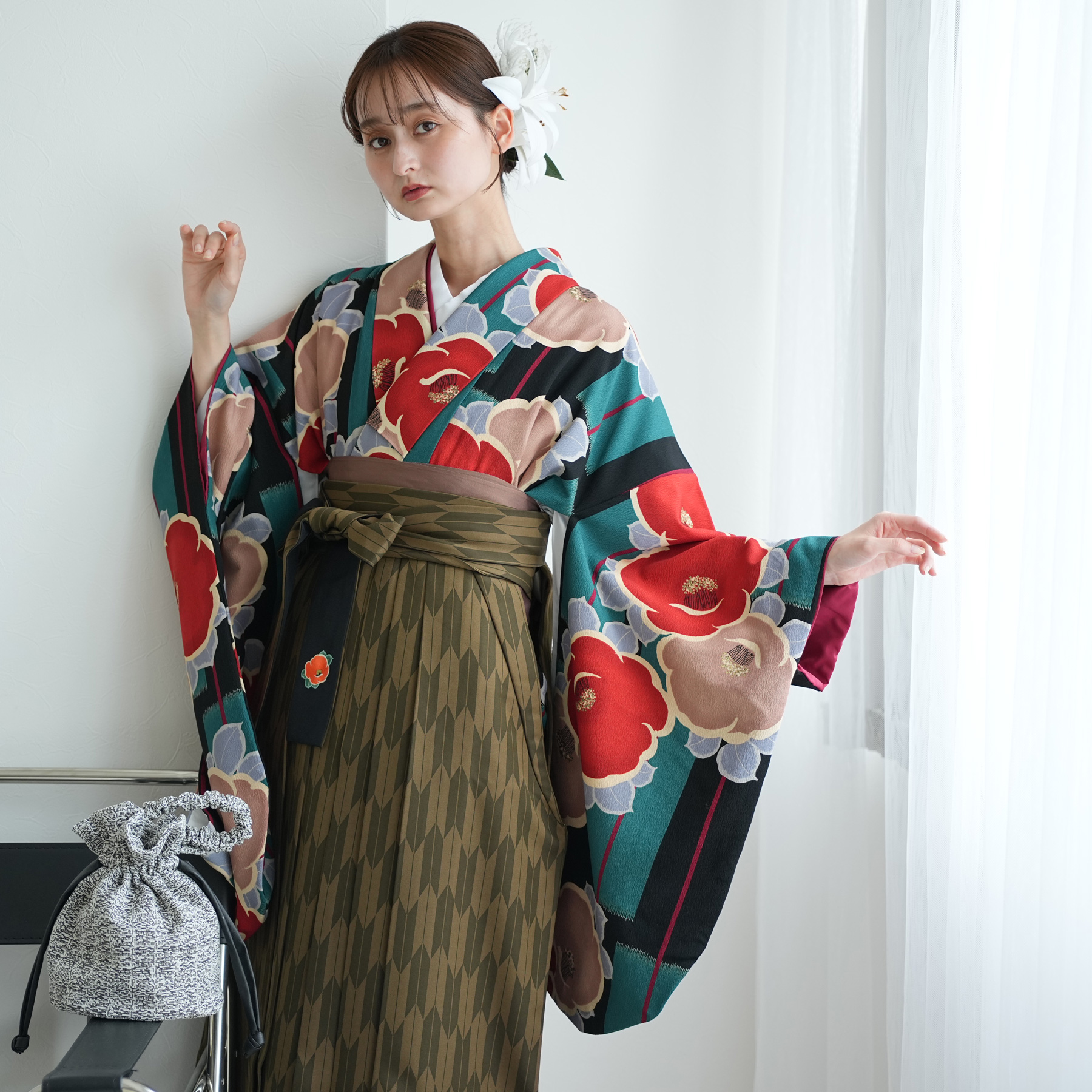 袴 レンタル 卒業式 2尺袖着物 17点セット レトロ モダン 袴セット