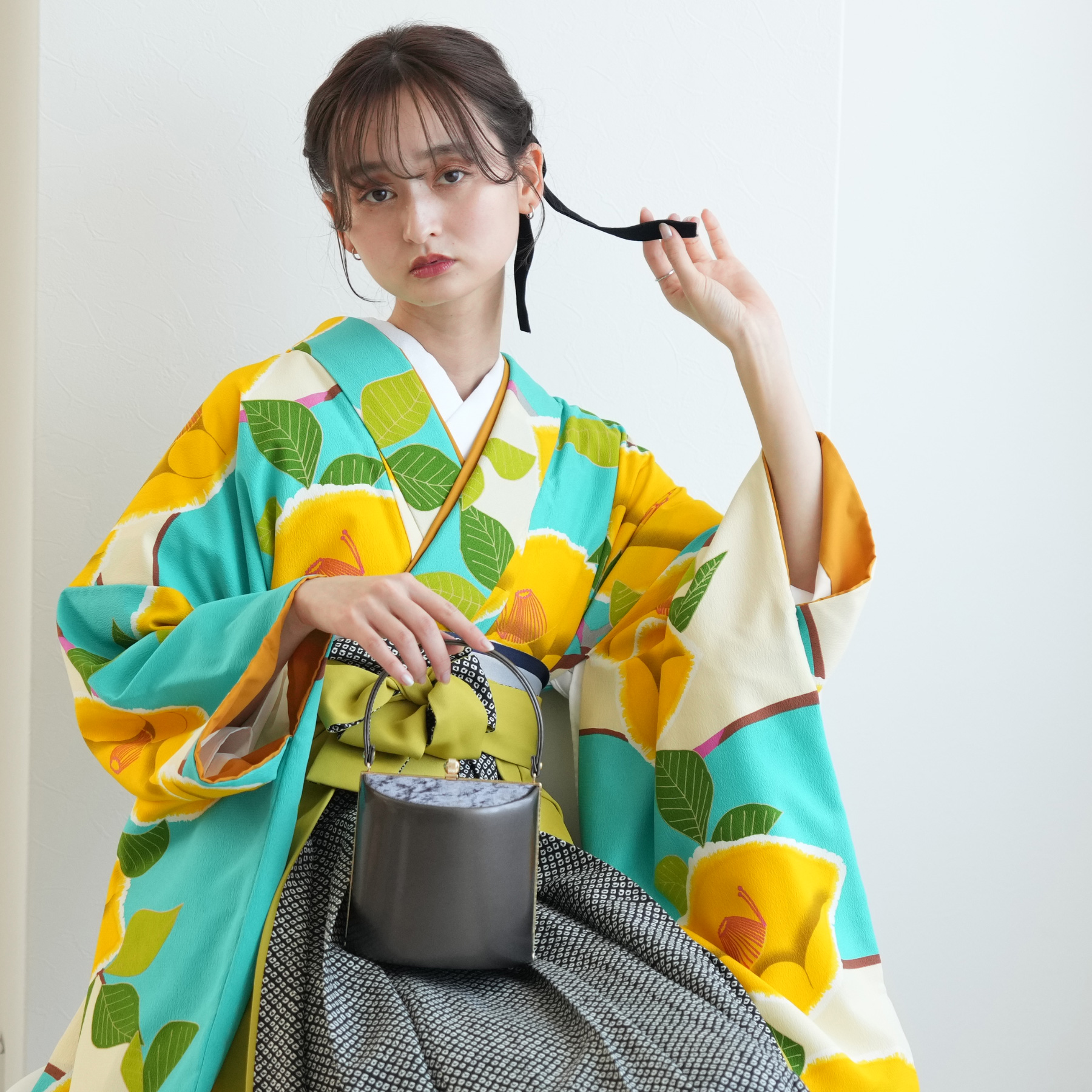 袴 レンタル 卒業式 2尺袖着物 17点セット レトロ モダン 袴セット 椿
