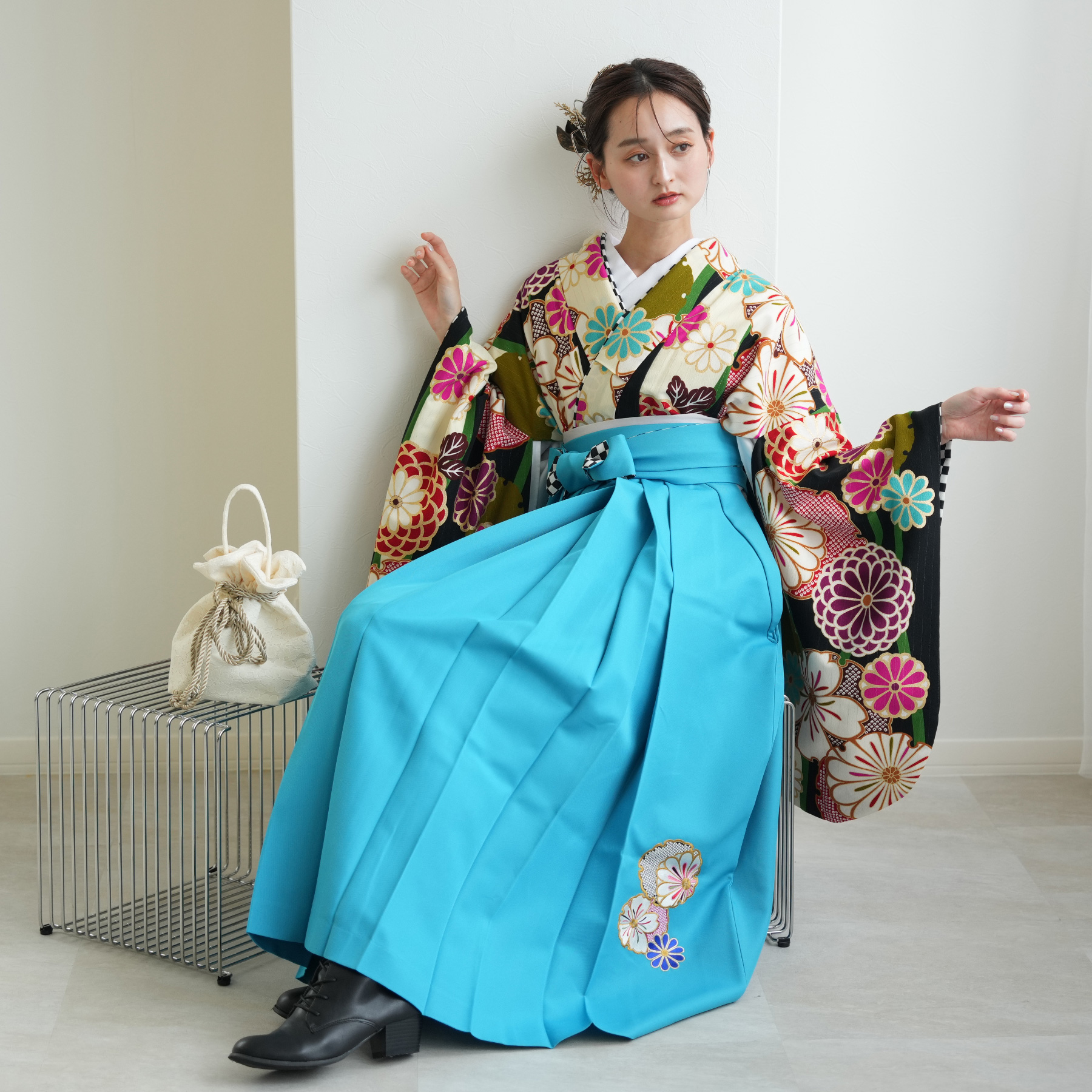二尺袖 着物 袴 フルセット 百花斉放 水色 袴変更可能 卒業式 NO36771 二尺袖 着物 袴フルセット ジュニア用へ直し 135cm〜150cm 百花斉放 袴