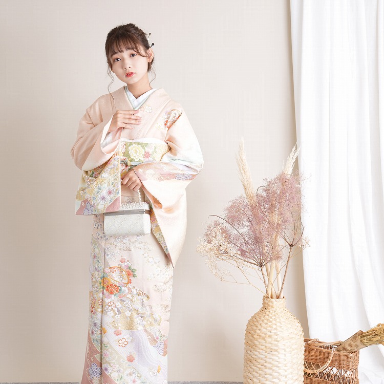 訪問着　袋帯　フルセット　刺繍　正絹　薄オレンジ 6381❱ フルセット 訪問着 白 縫い締め絞り 刺繍 幅広 袋帯 正絹