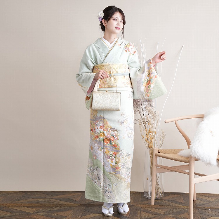 正絹　訪問着　フルセット　裄67￼ 結婚式　七五三　礼装　S M 緑　鳥　単衣 レンタル 訪問着 おしゃれ フルセット 正絹 着物 花柄 緑系 七五三