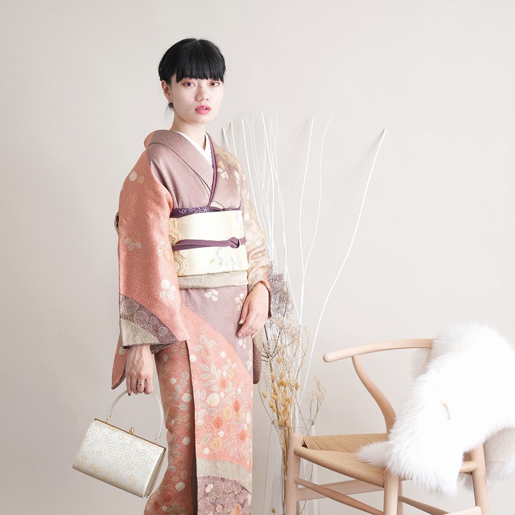 訪問着フルセット　ツツジ　綸子　着物　正絹　L3 訪問着 レンタル おしゃれ 20点 フルセット 正絹 着物 花柄