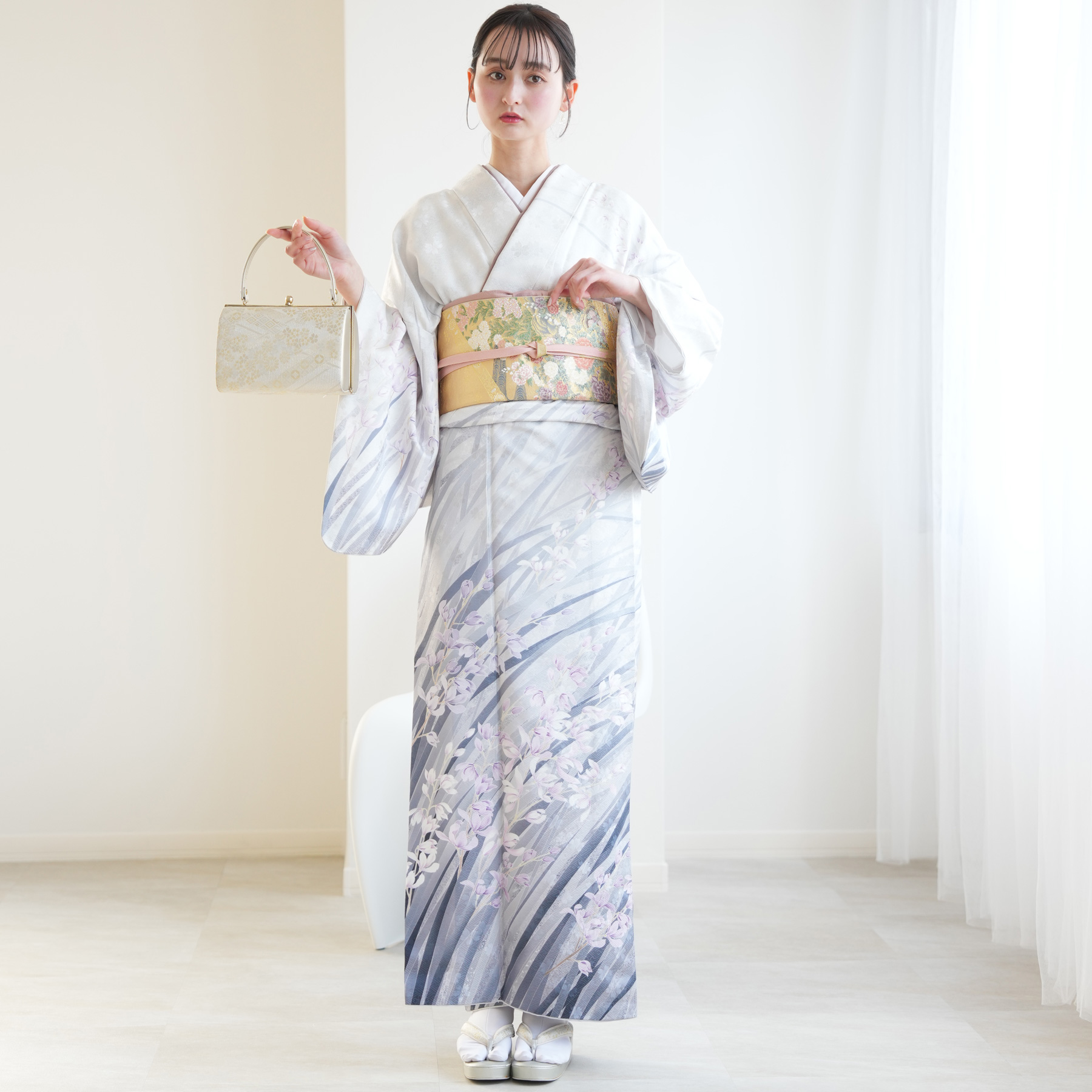 訪問着 レンタル おしゃれ 20点 フルセット 正絹 着物 花 グレー