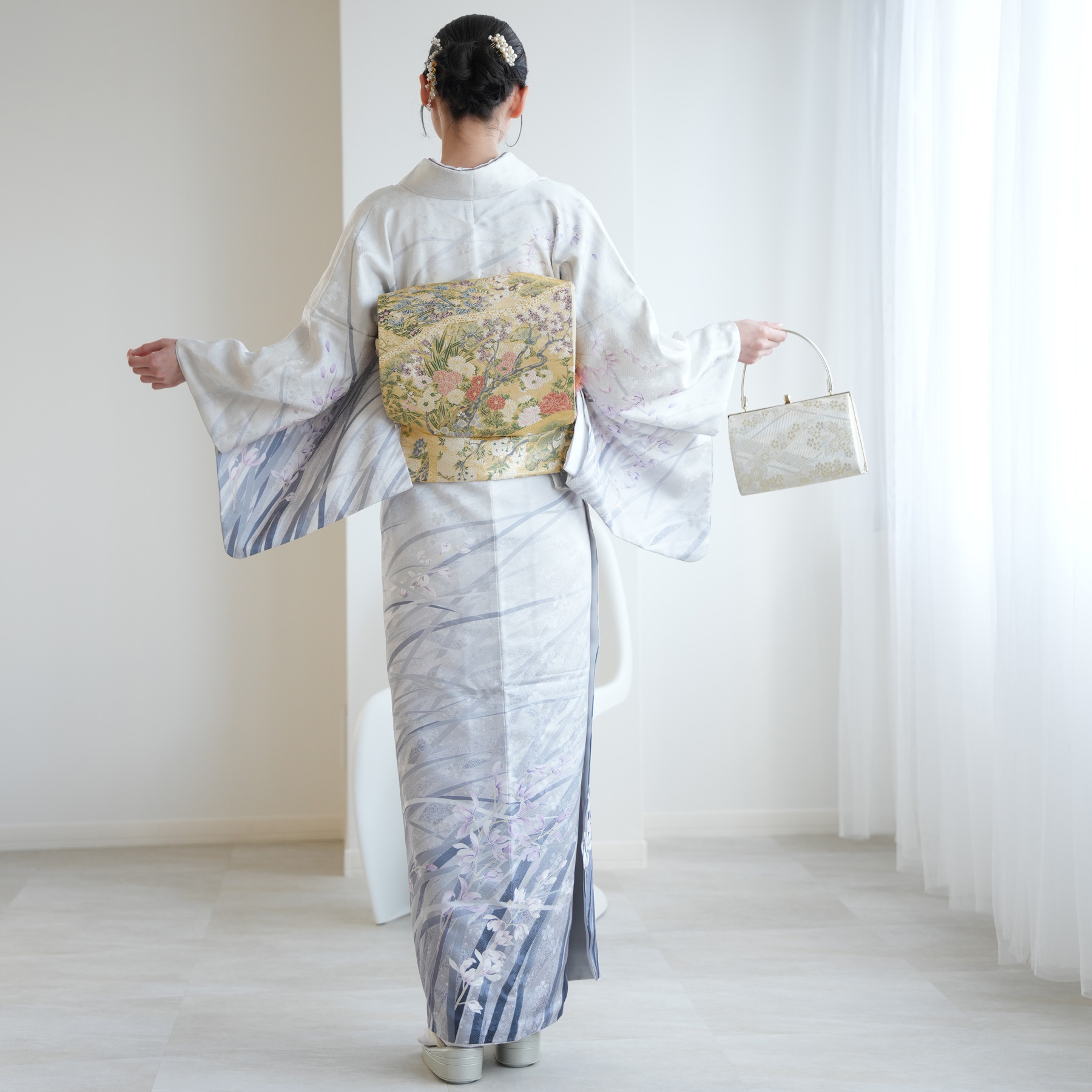 訪問着 レンタル おしゃれ 20点 フルセット 正絹 着物 花 グレー