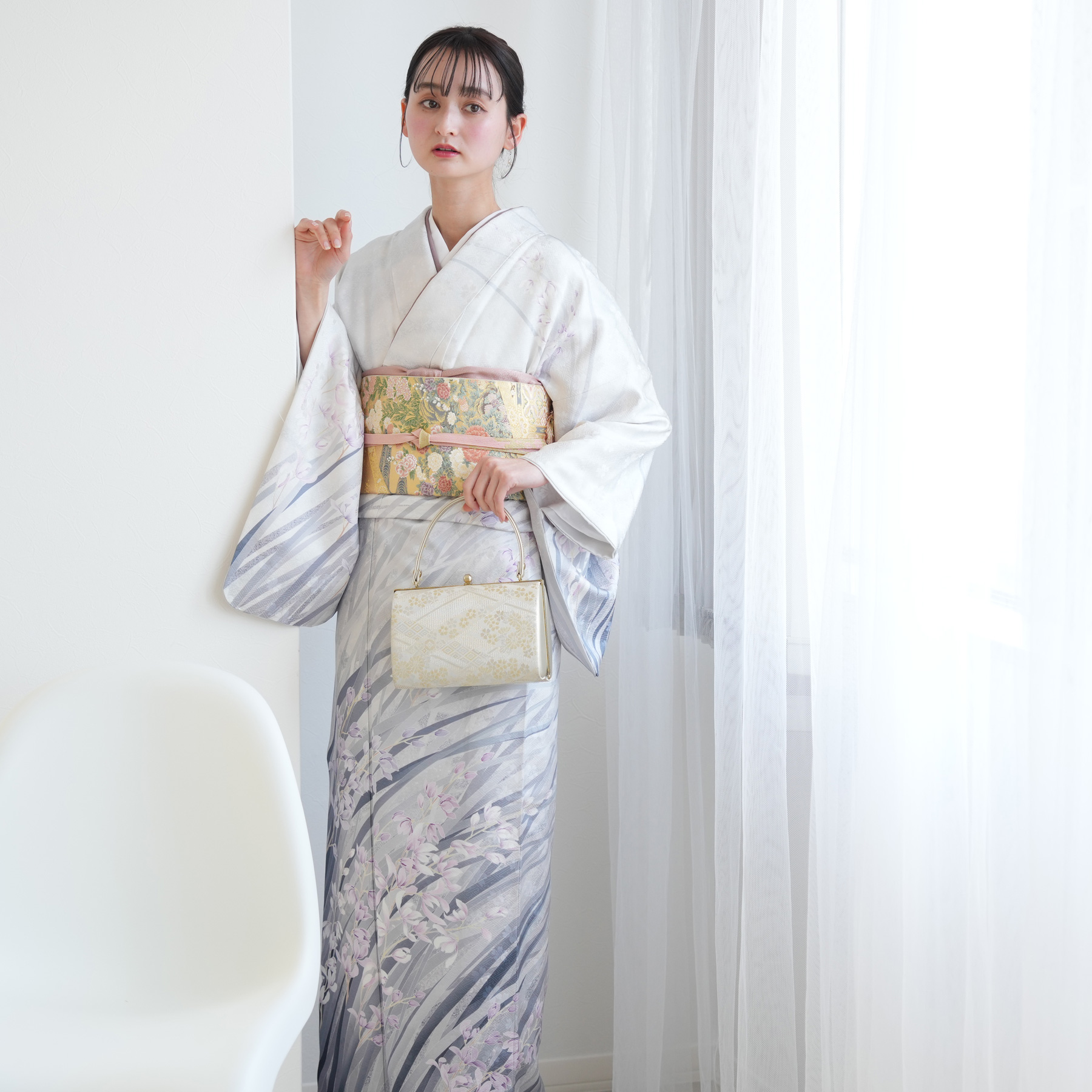 訪問着 レンタル おしゃれ 20点 フルセット 正絹 着物 花 グレー
