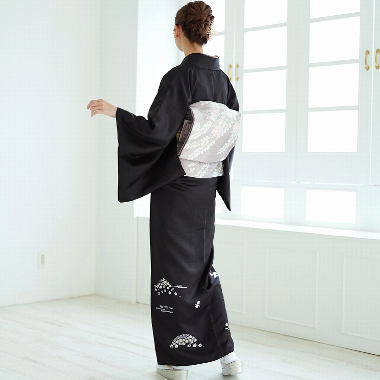 モダンな黒着物 お召し付下げ 正絹着物 訪問着 レンタル おしゃれ 20点 フルセット 古典柄 レトロ 正絹 着物