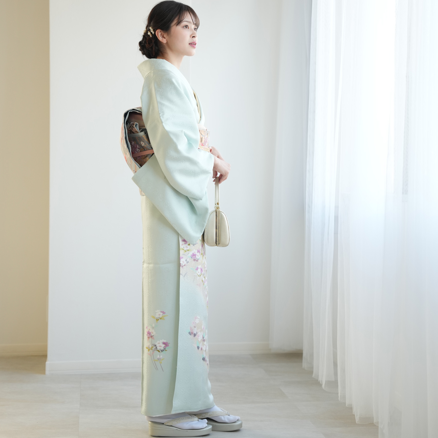 訪問着 レンタル おしゃれ 20点 フルセット 古典柄 レトロ 正絹 水色