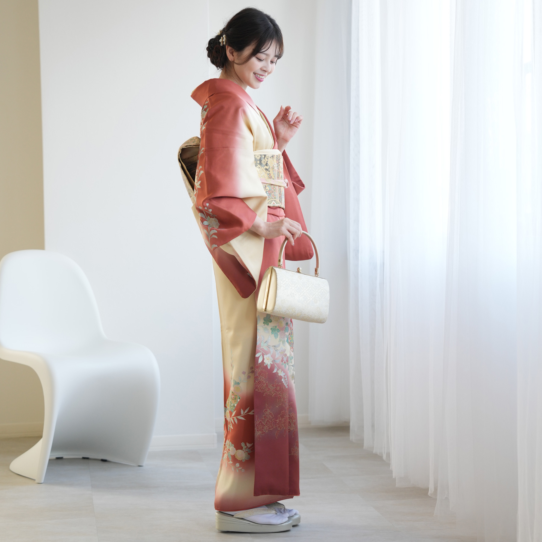 訪問着 レンタル おしゃれ 20点 フルセット 正絹 古典 レトロ 花 赤茶