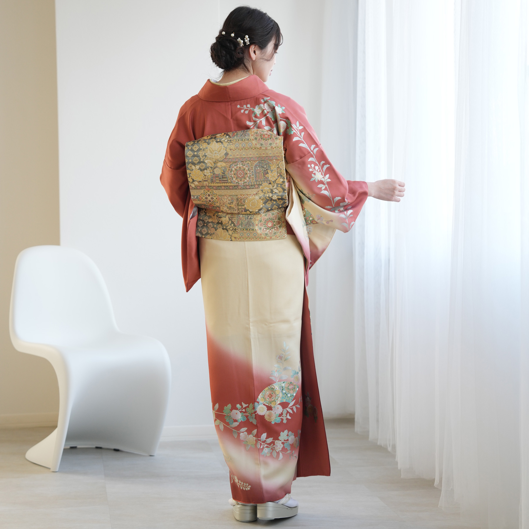 訪問着 レンタル おしゃれ 20点 フルセット 正絹 古典 レトロ 花 赤茶