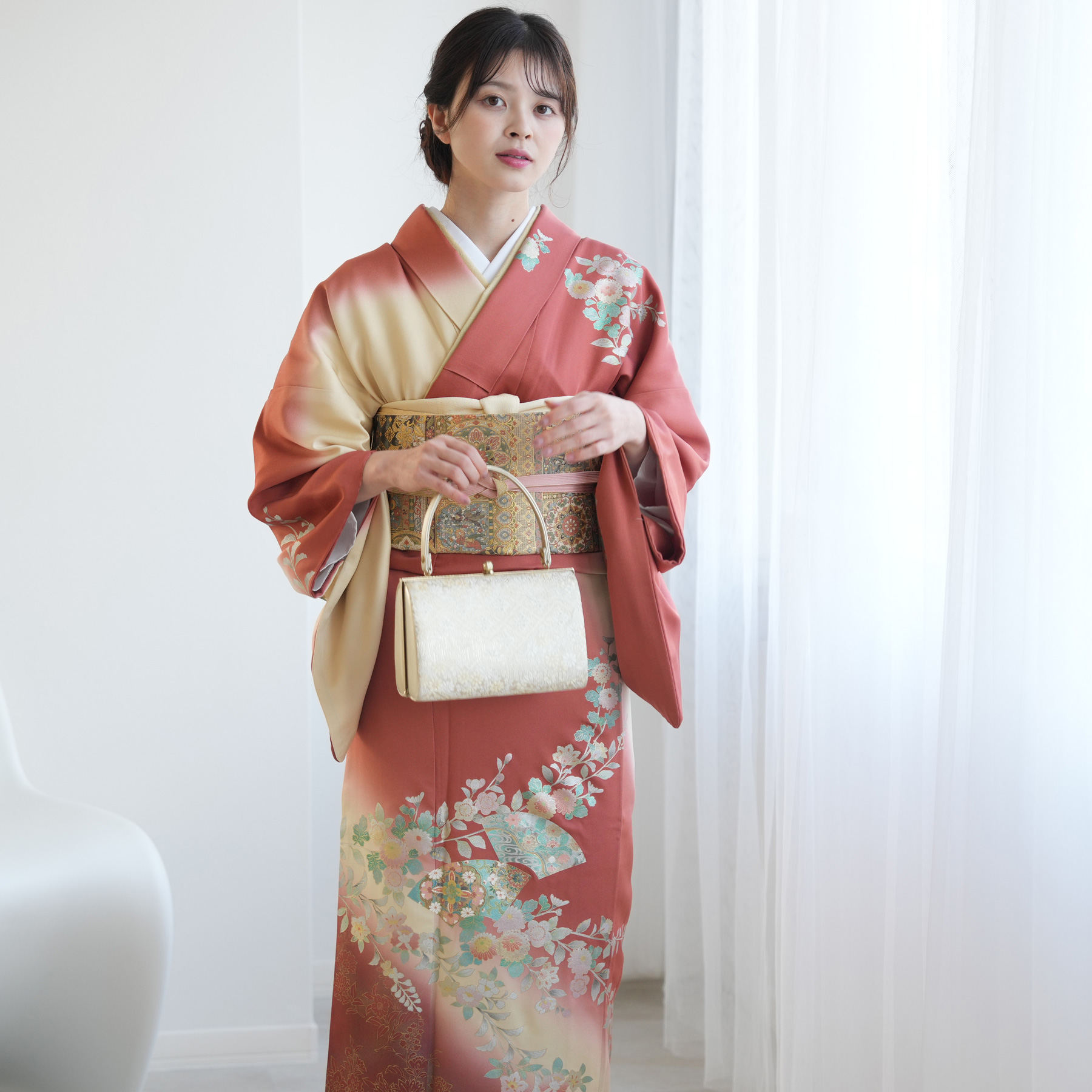 訪問着 レンタル おしゃれ 20点 フルセット 正絹 古典 レトロ 花 赤茶