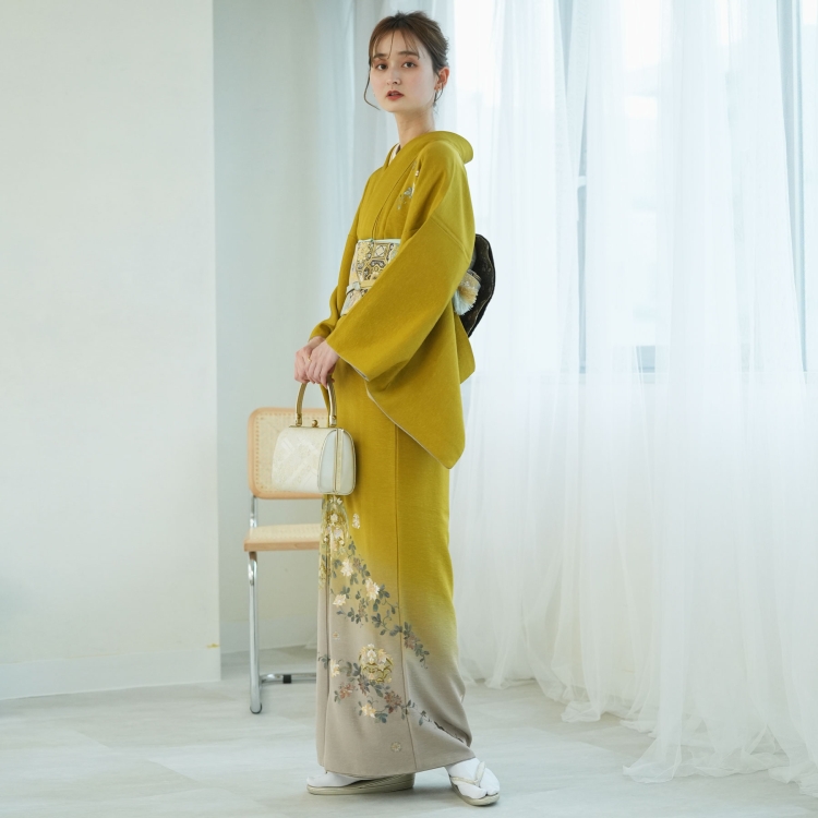訪問着 レンタル おしゃれ 20点 フルセット 正絹 黄 からし 古典柄