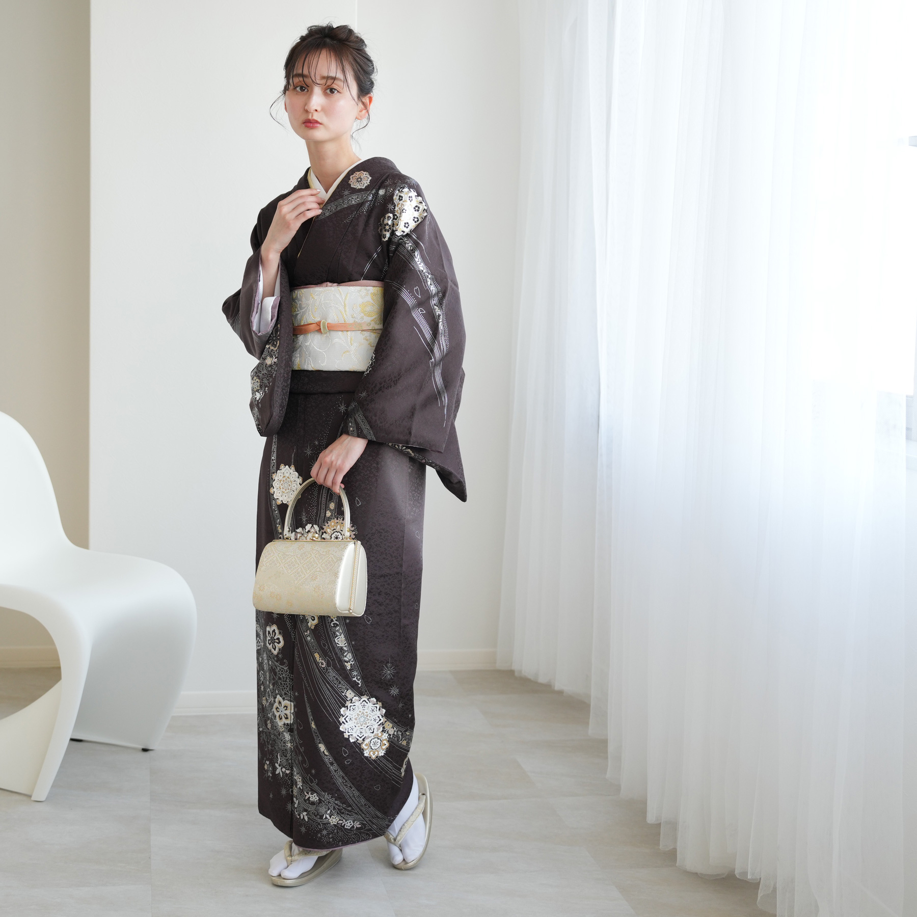 和装バック着物バック琉球柄　蝶と鯉みんさー柄（黒グレー）　入学卒業結婚七五三振袖 レンタル 訪問着 おしゃれ フルセット 結婚式 卒業式 卒園式 入学式