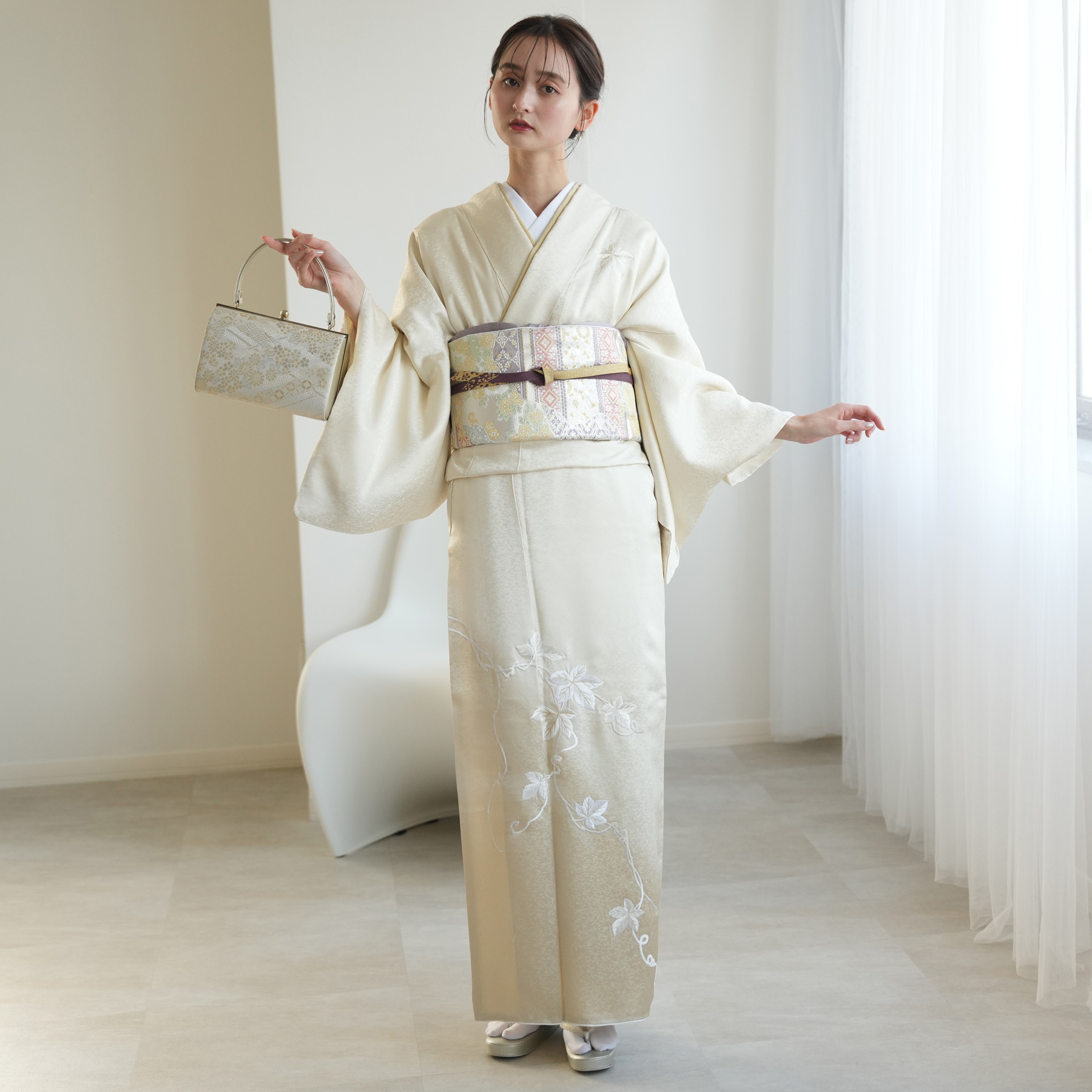 訪問着 レンタル おしゃれ 20点フルセット クリーム地に流れる刺繍の蔦