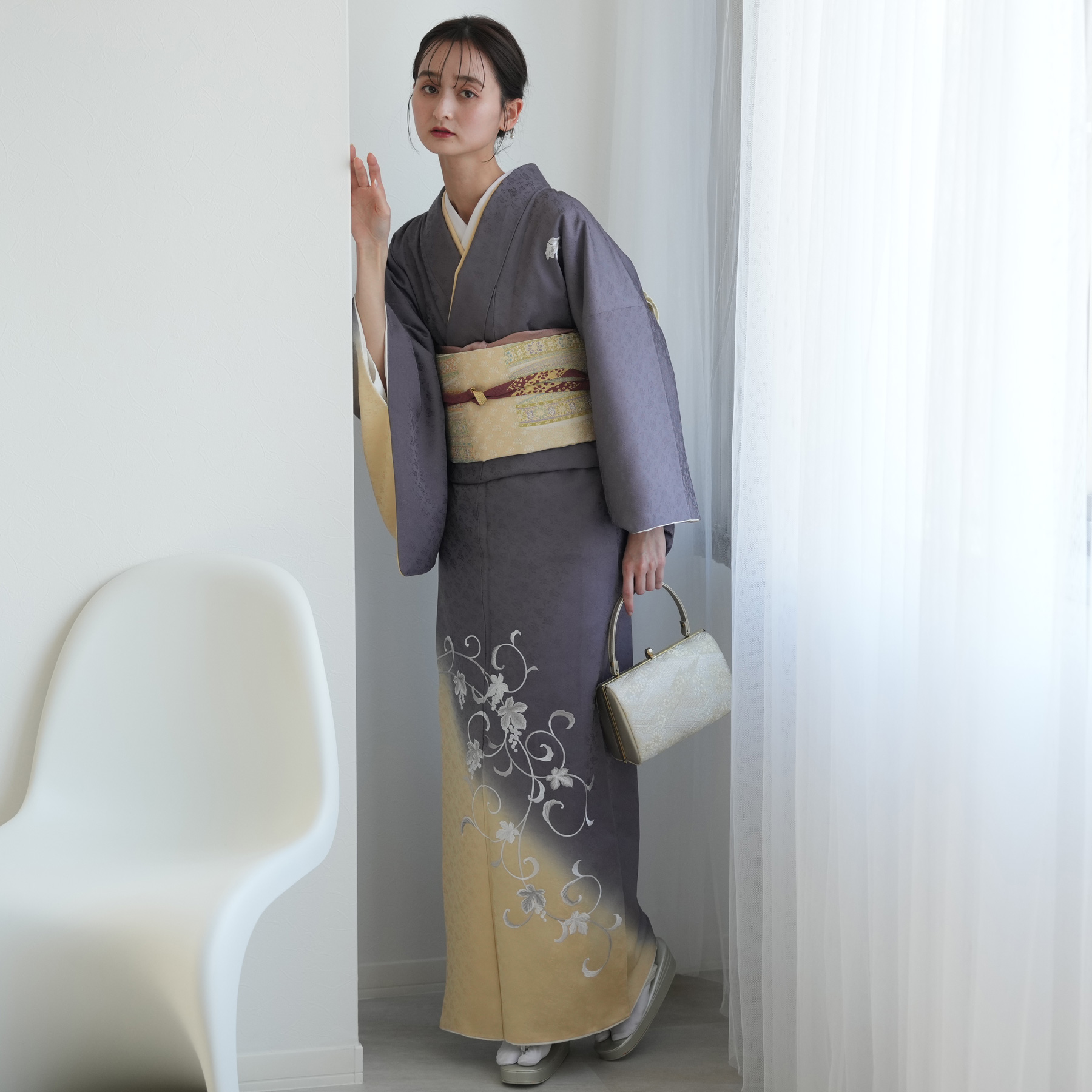 レンタル 訪問着 おしゃれ フルセット 灰紫とイエローベージュのぼかし