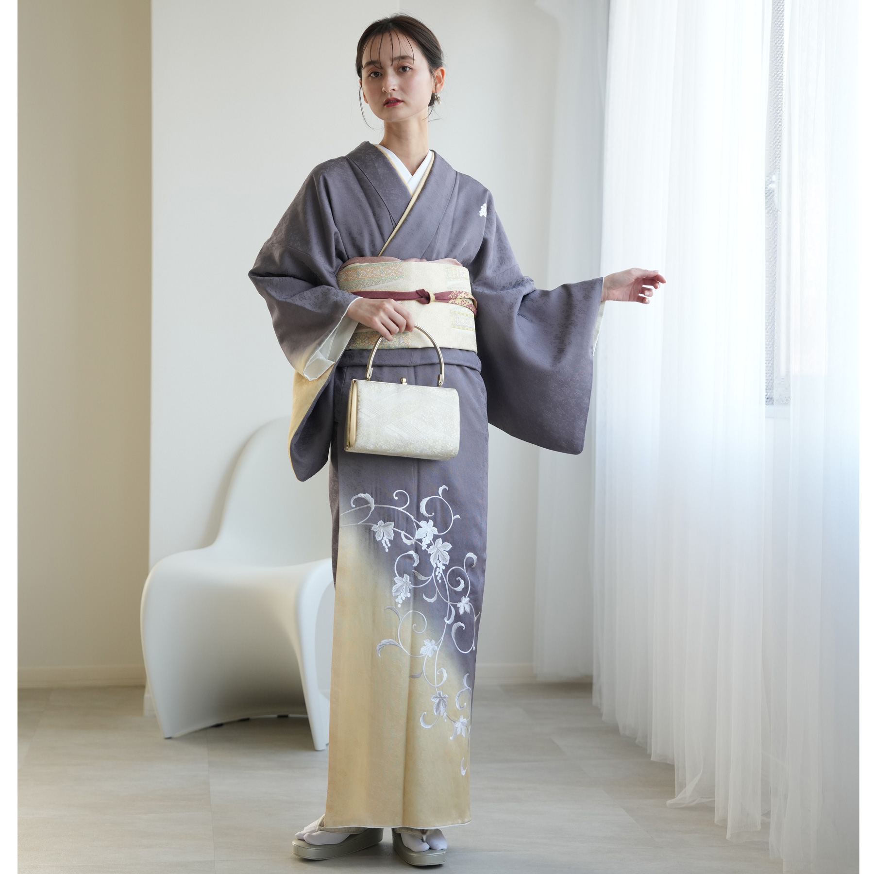 レンタル 訪問着 おしゃれ フルセット 灰紫とイエローベージュのぼかし