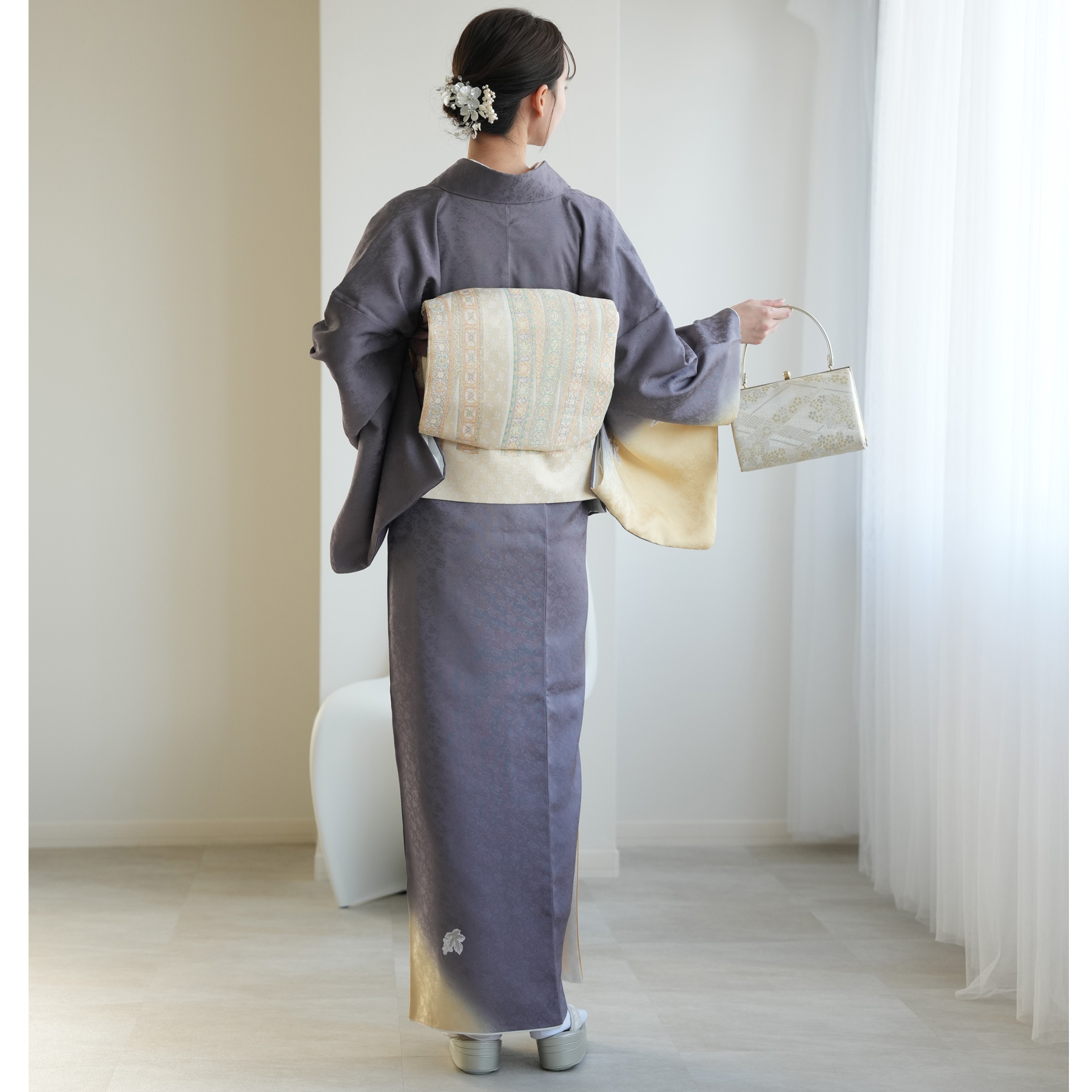 付け下げ　フルセット　着物　正絹　訪問着　撫子　刺繍　ぼかし　G6 レンタル 訪問着 おしゃれ フルセット 灰紫とイエローベージュのぼかし
