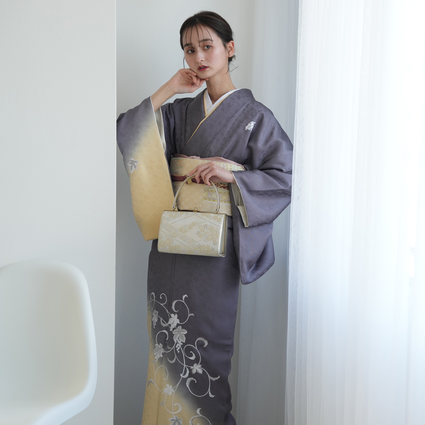 レンタル 訪問着 おしゃれ フルセット 灰紫とイエローベージュのぼかし