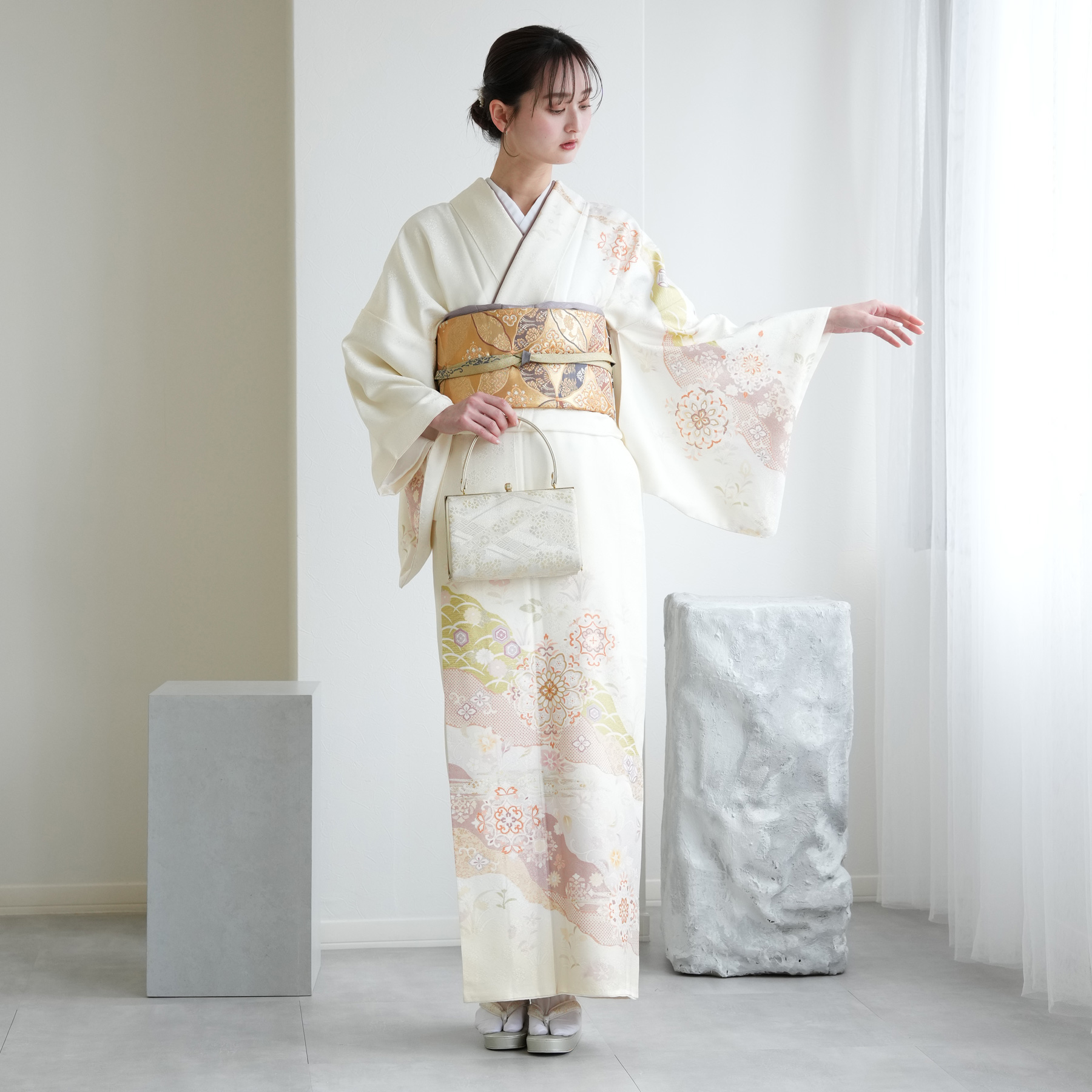 訪問着 レンタル おしゃれ 20点フルセット 薄クリーム色に唐花文 結婚